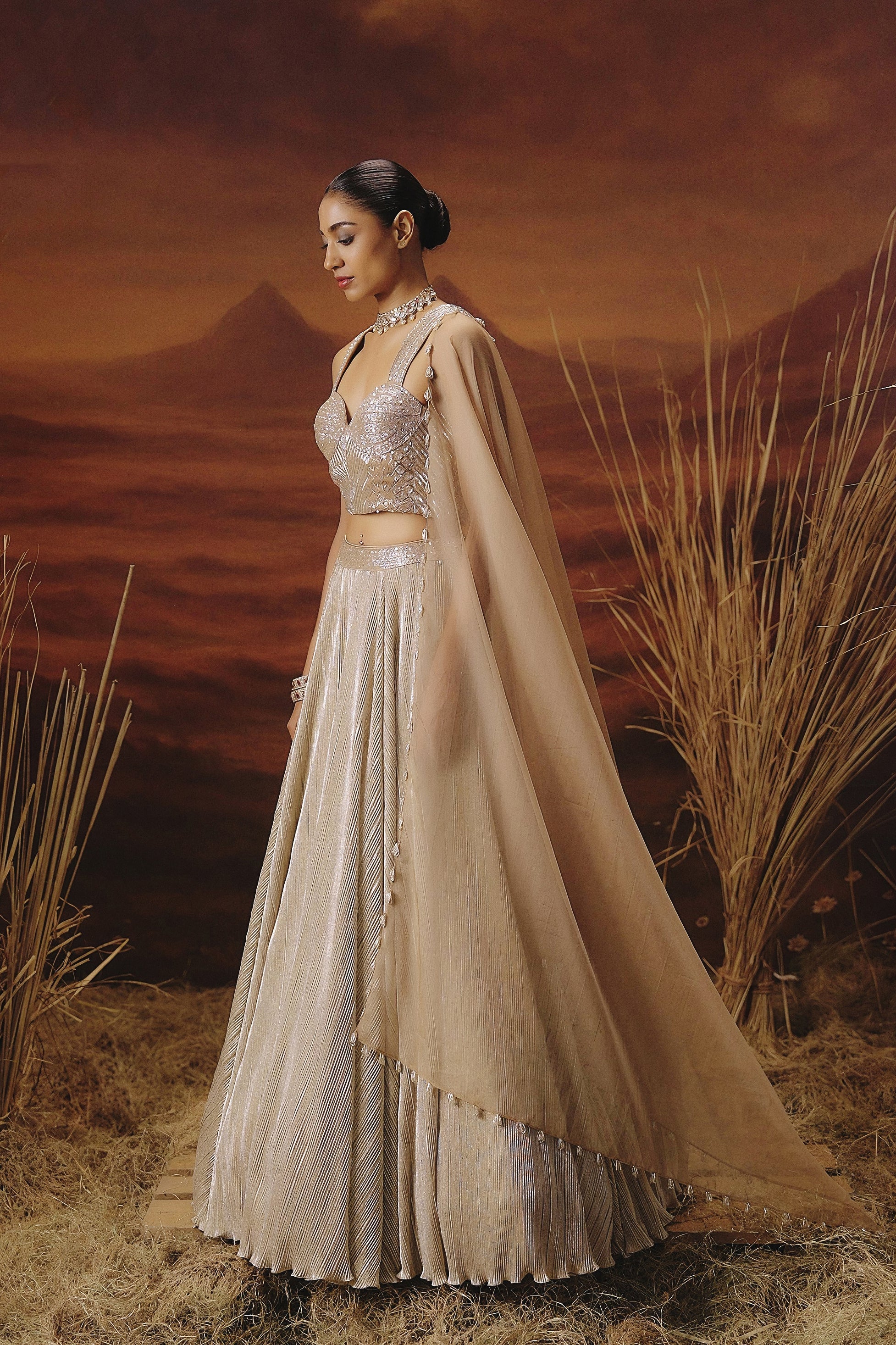 Champagne Gold Embellished Shimmer Lycra Silk Lehenga Set - Image 6