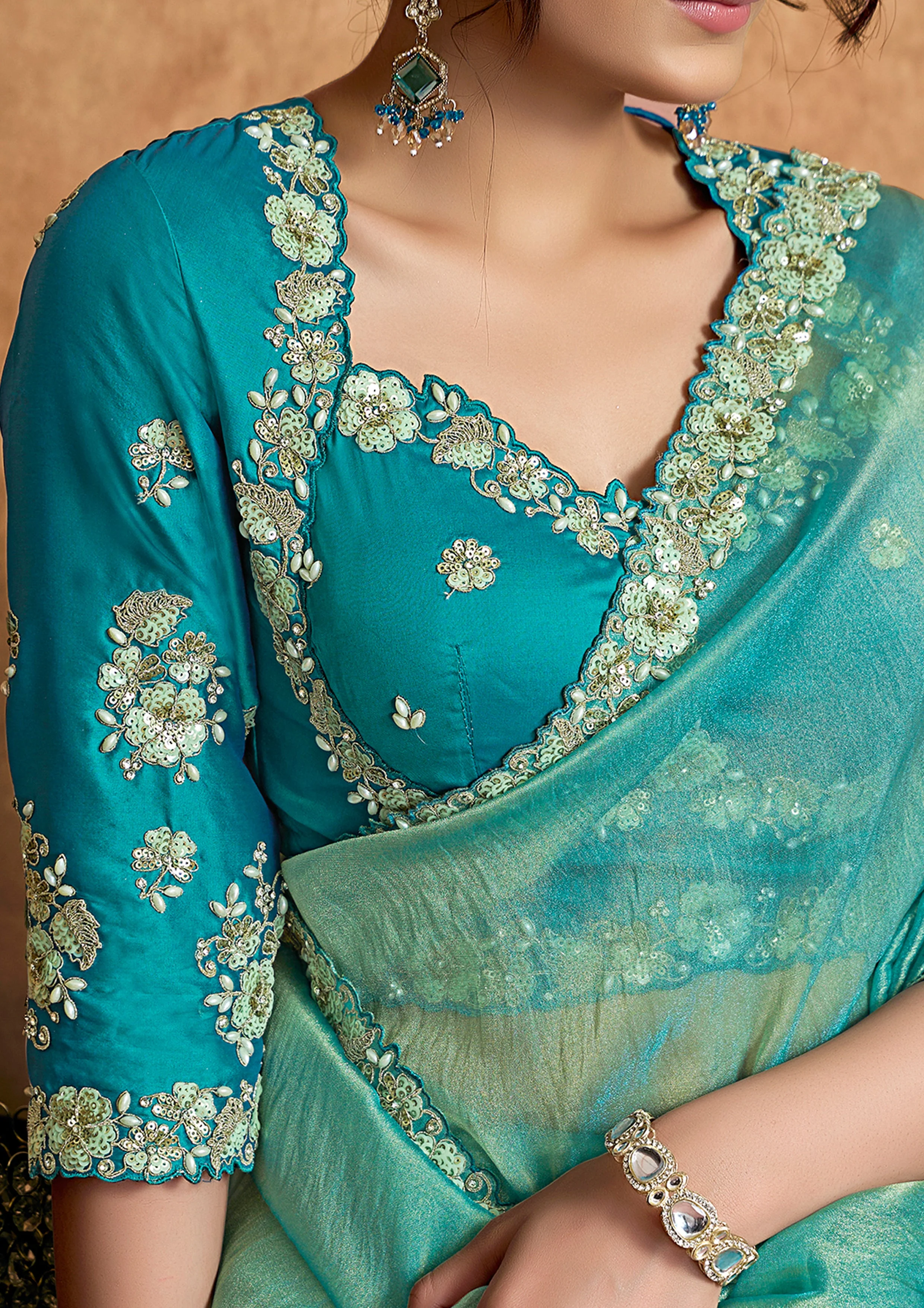 Turquoise Embellished Shimmer Organza Silk Saree - Image 2