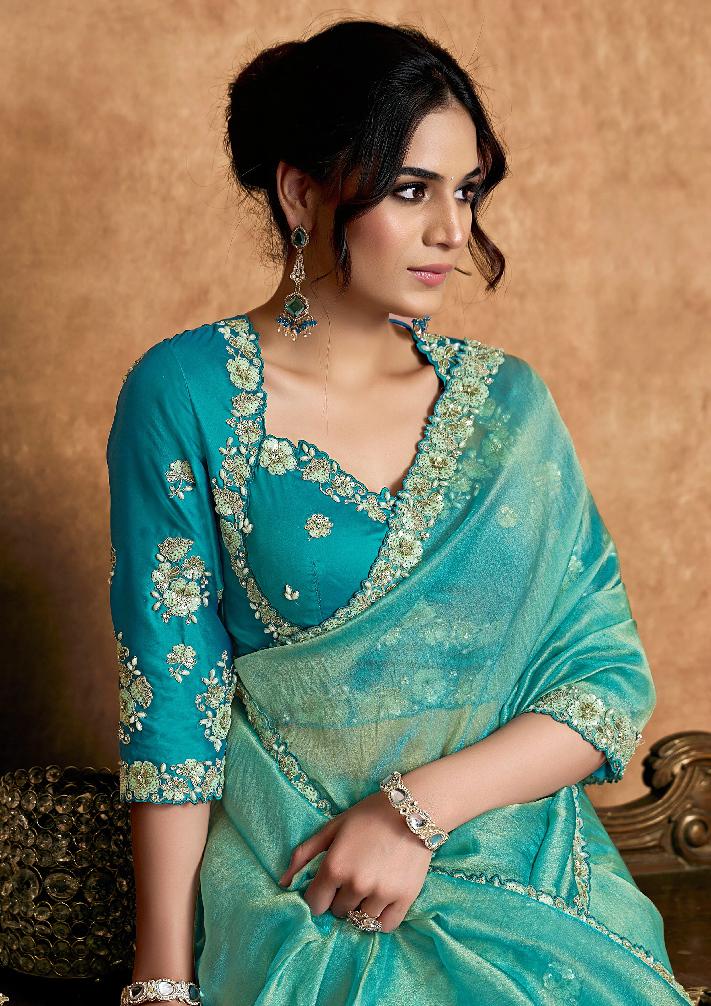 Turquoise Embellished Shimmer Organza Silk Saree - Image 3