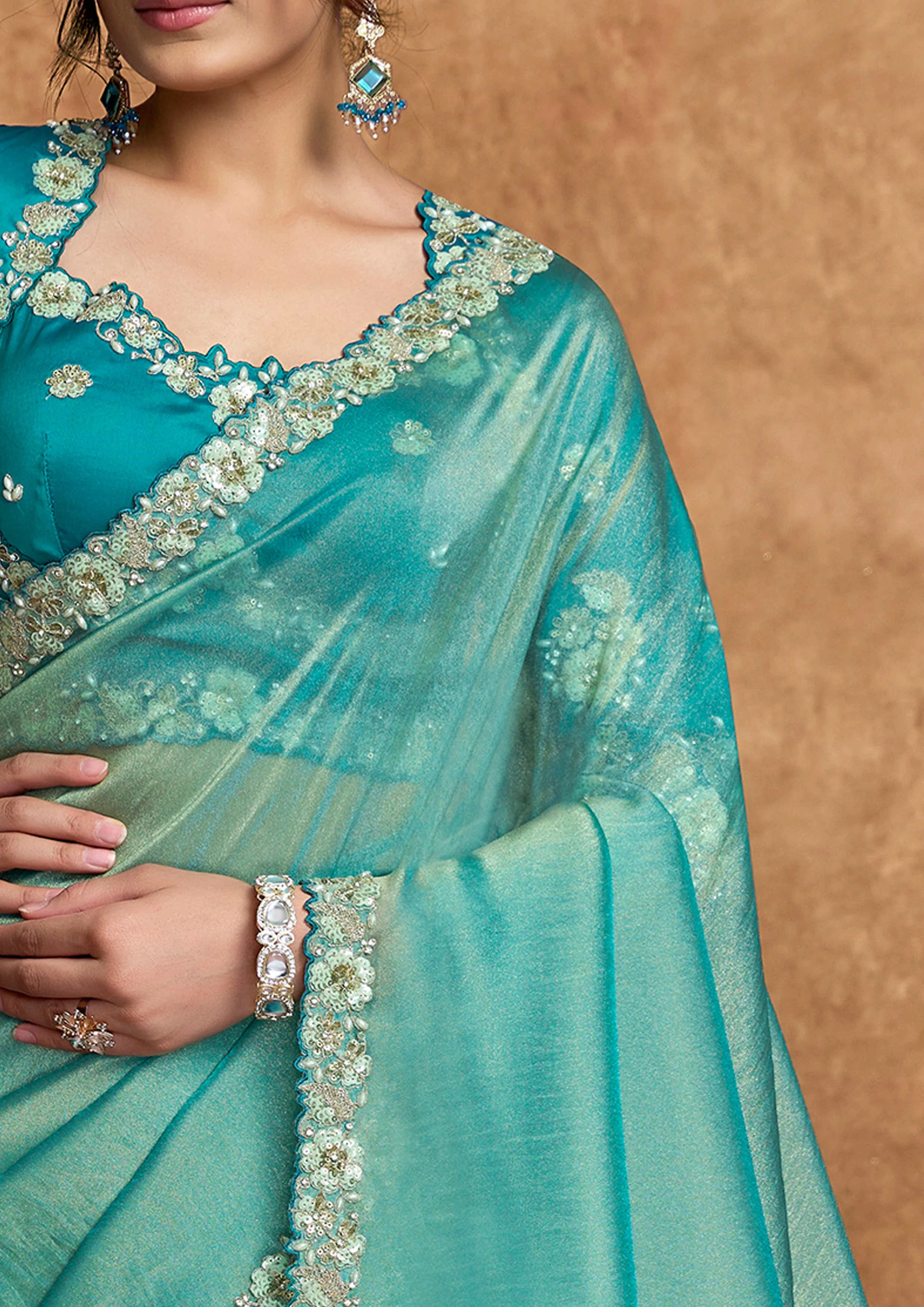 Turquoise Embellished Shimmer Organza Silk Saree - Image 4