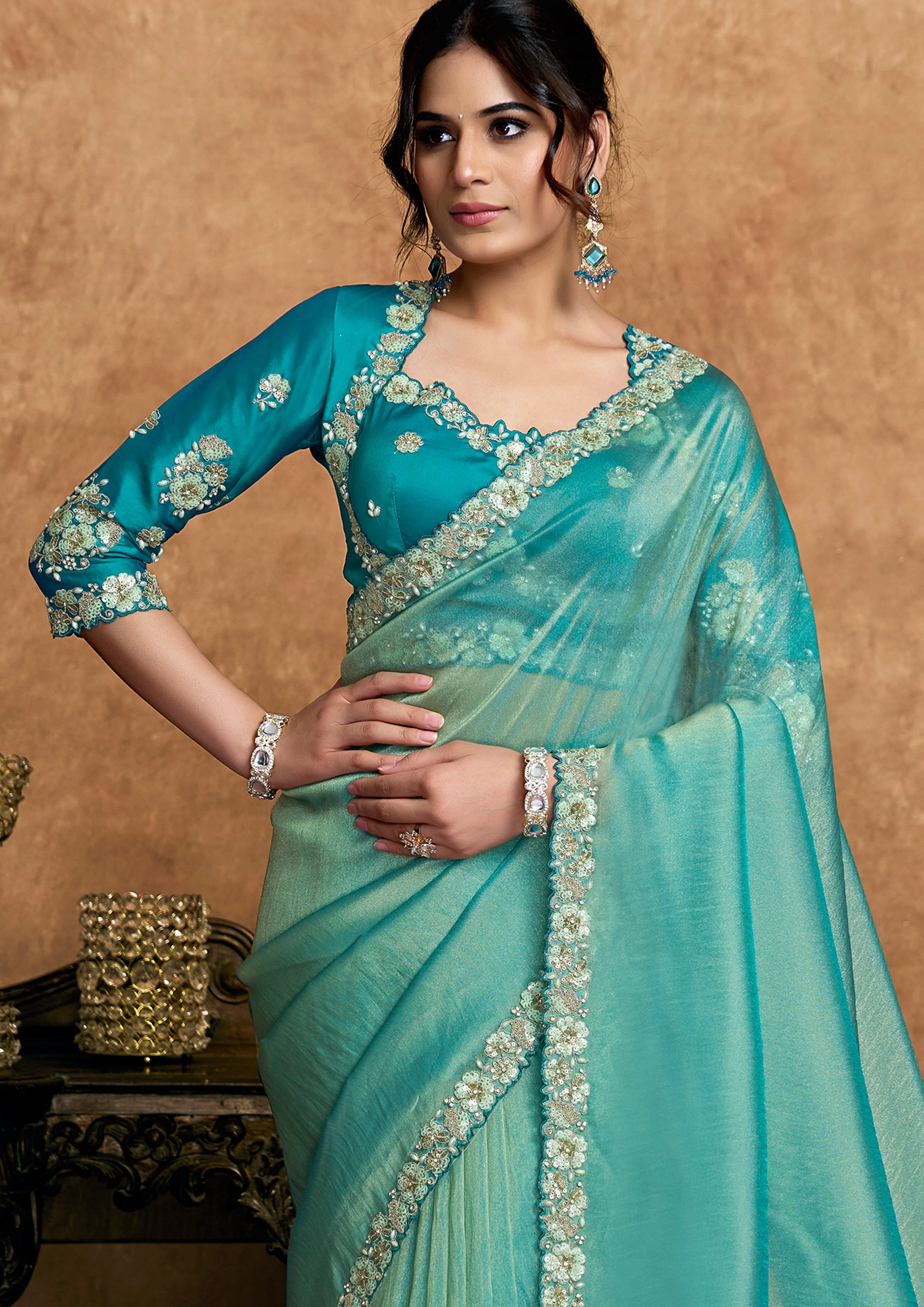 Turquoise Embellished Shimmer Organza Silk Saree - Image 5
