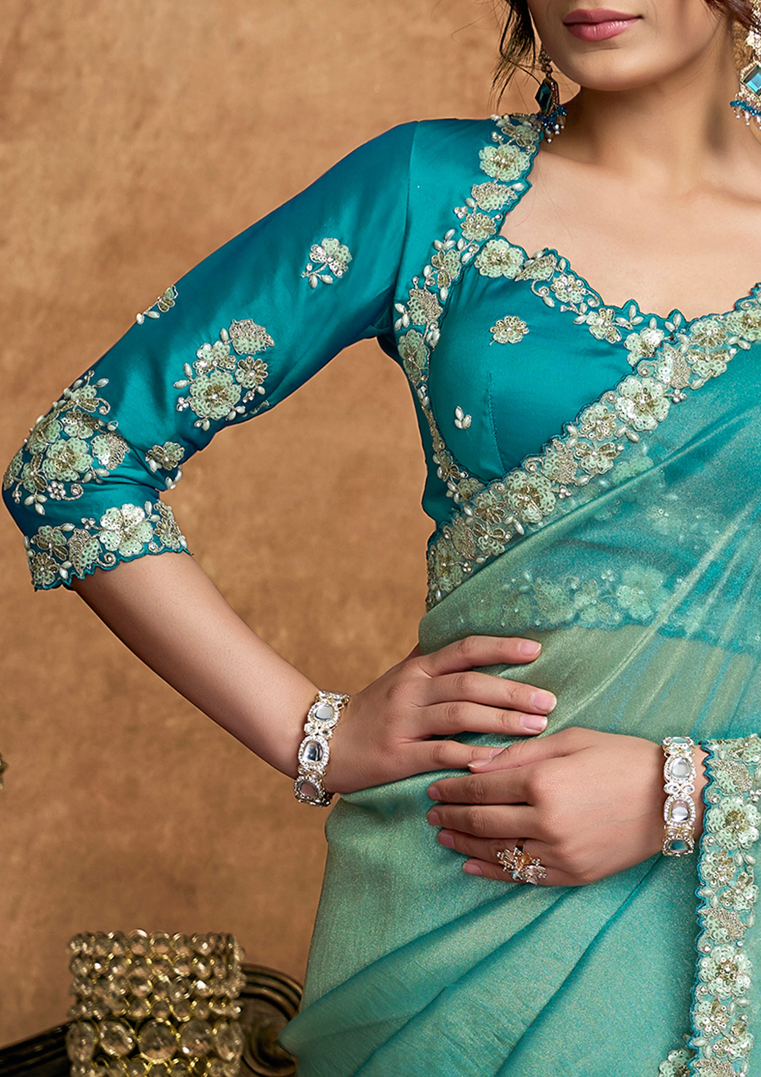 Turquoise Embellished Shimmer Organza Silk Saree - Image 6