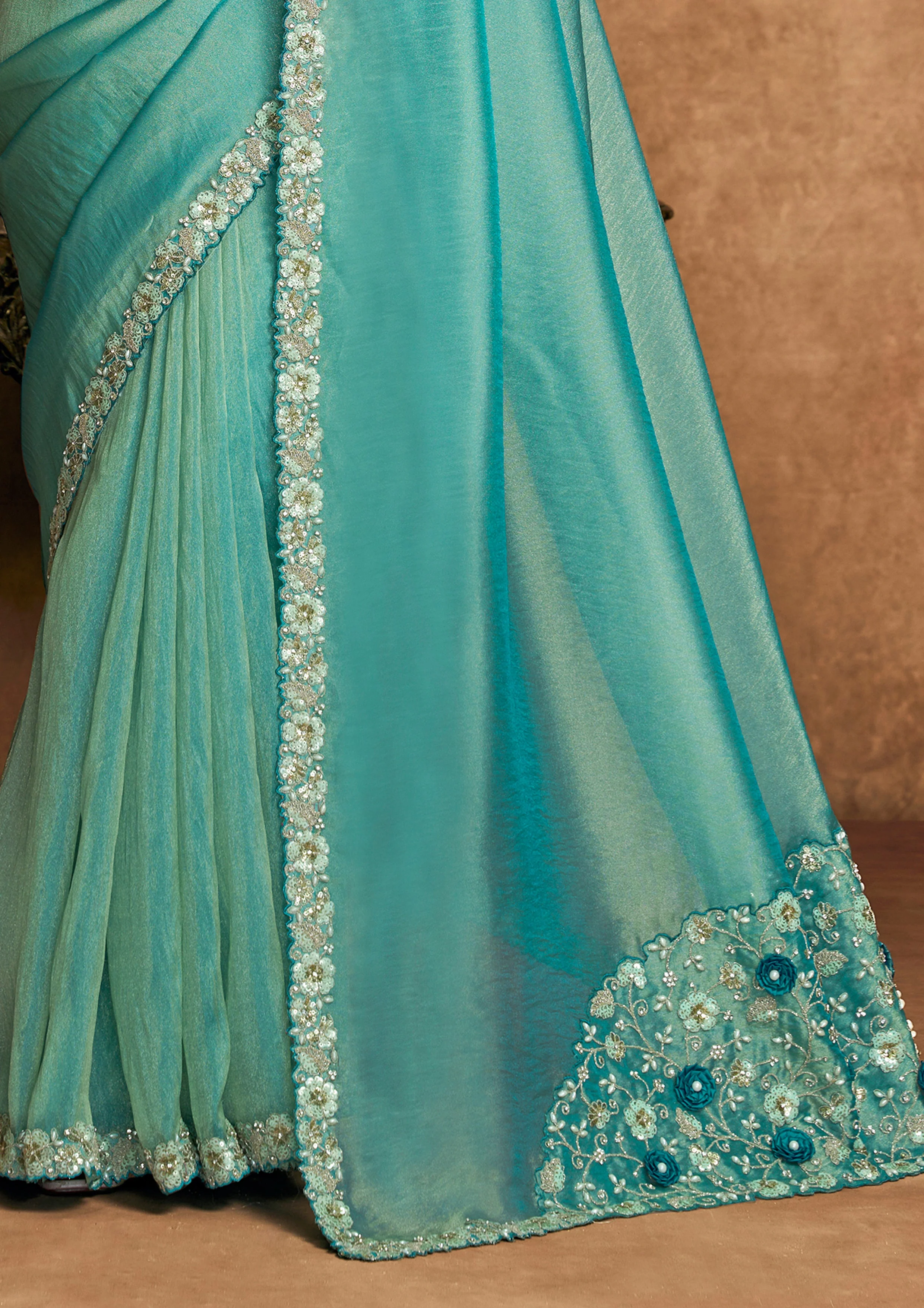 Turquoise Embellished Shimmer Organza Silk Saree - Image 7