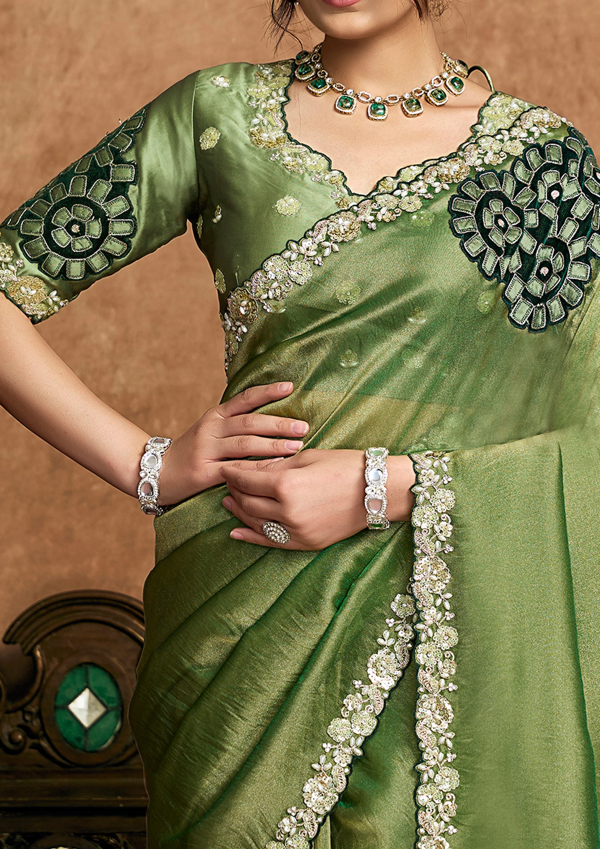 Moss Green Embellished Shimmer Organza Silk Saree - Image 2