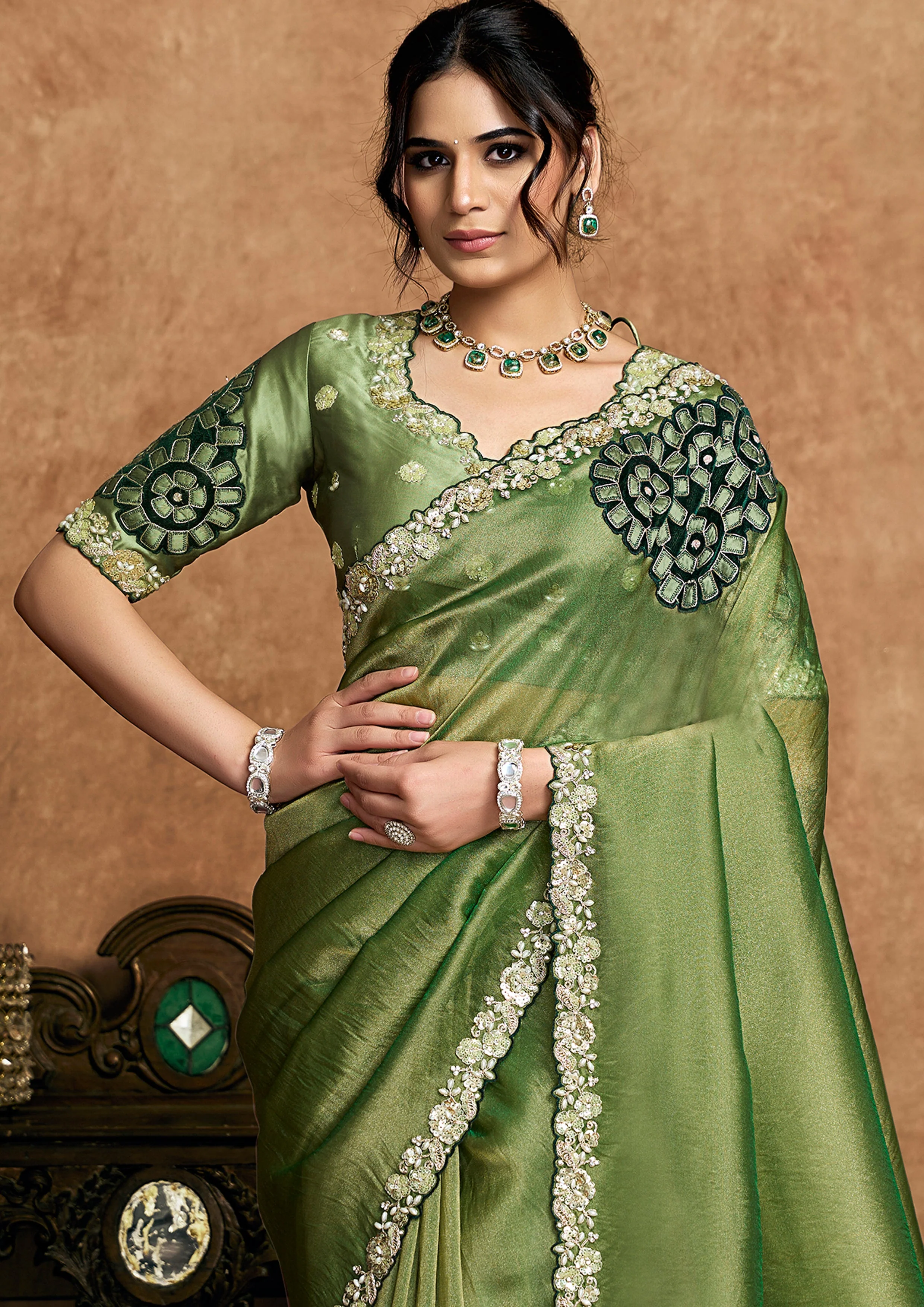 Moss Green Embellished Shimmer Organza Silk Saree - Image 3