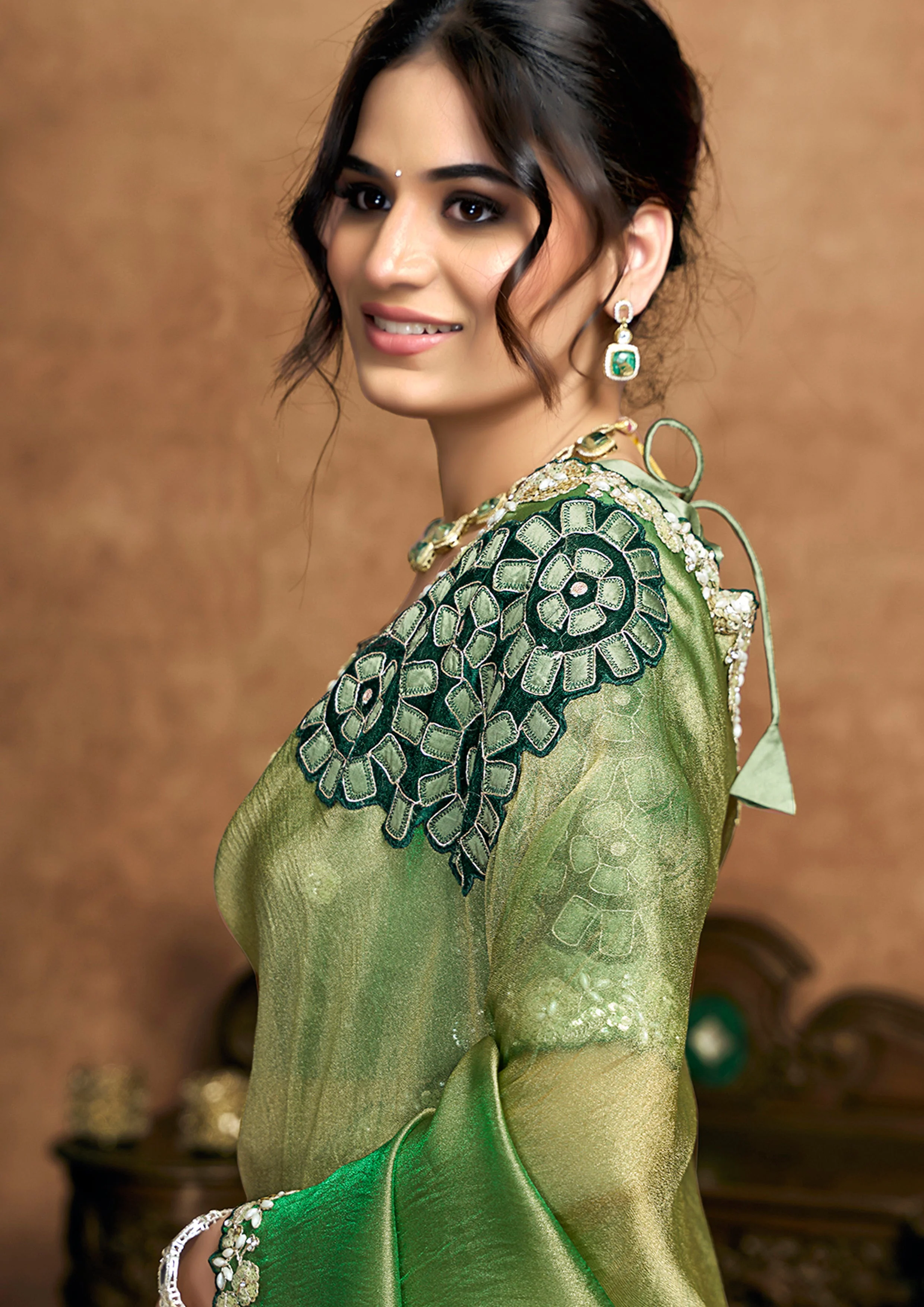 Moss Green Embellished Shimmer Organza Silk Saree - Image 4