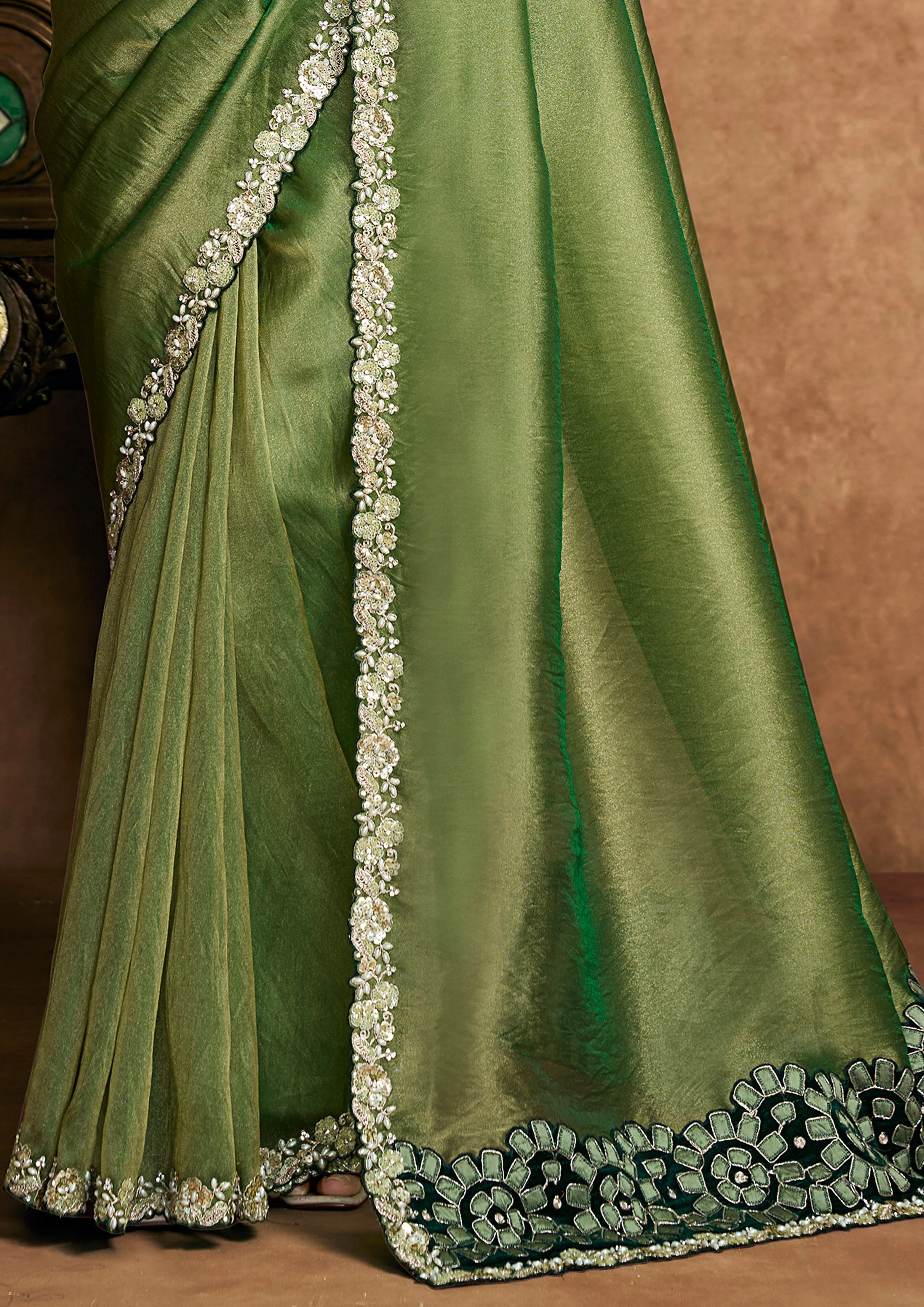 Moss Green Embellished Shimmer Organza Silk Saree - Image 5