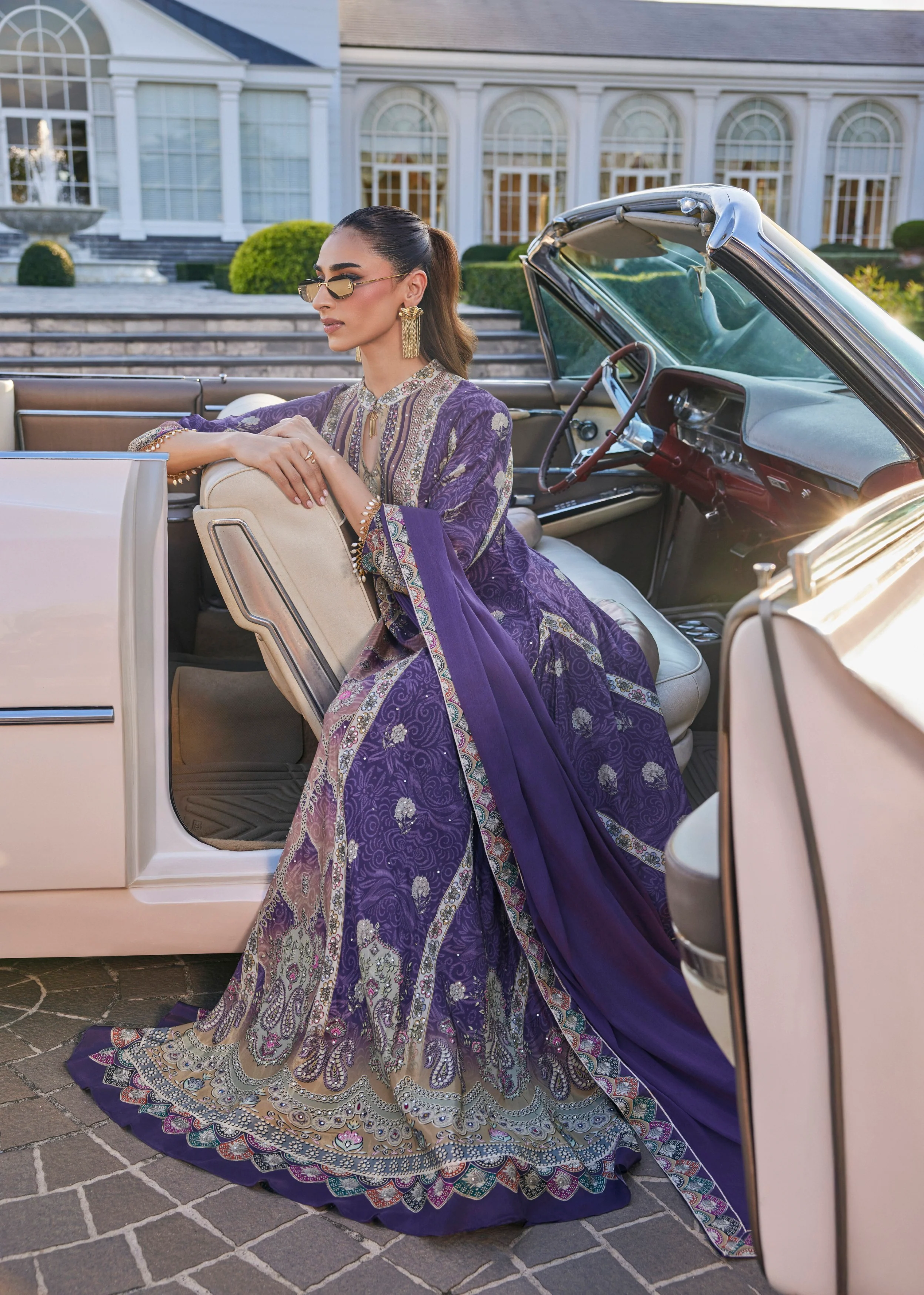 Purple Floral Embellished Muslin Silk Anarkali Set - Image 2