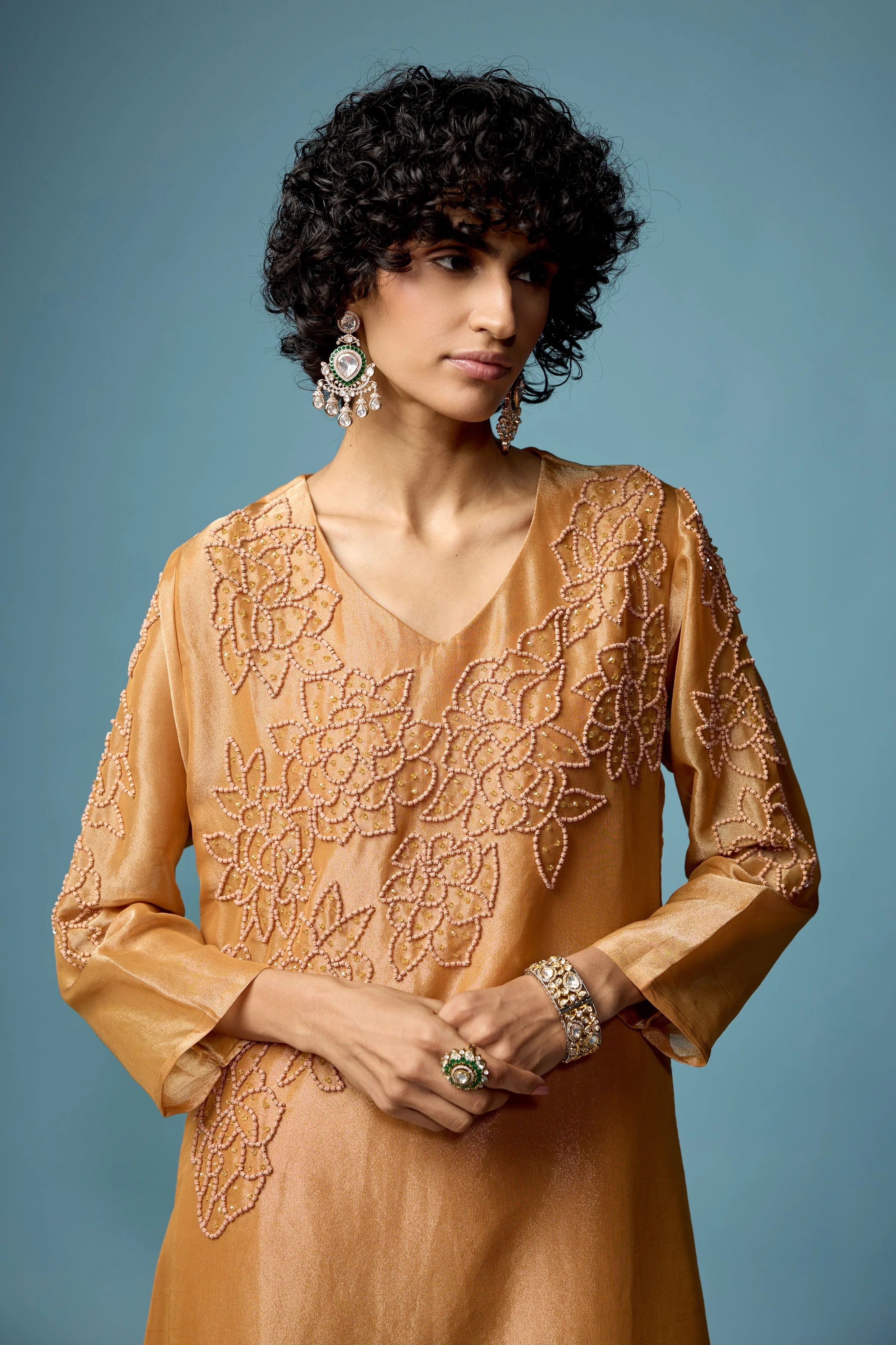 Rust Gold Embellished Shimmer Tissue Silk Kurta Set - Image 2