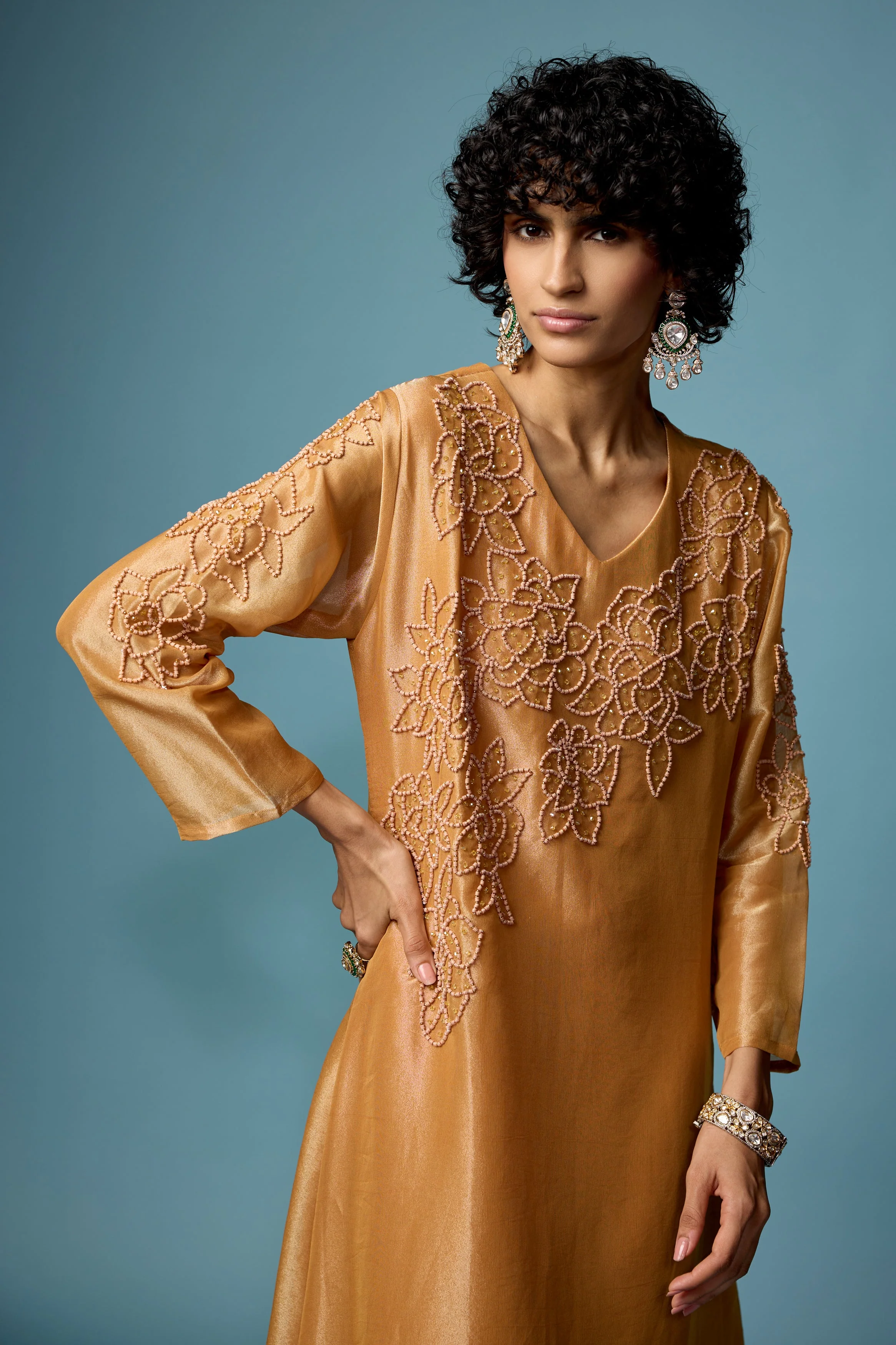 Rust Gold Embellished Shimmer Tissue Silk Kurta Set - Image 3