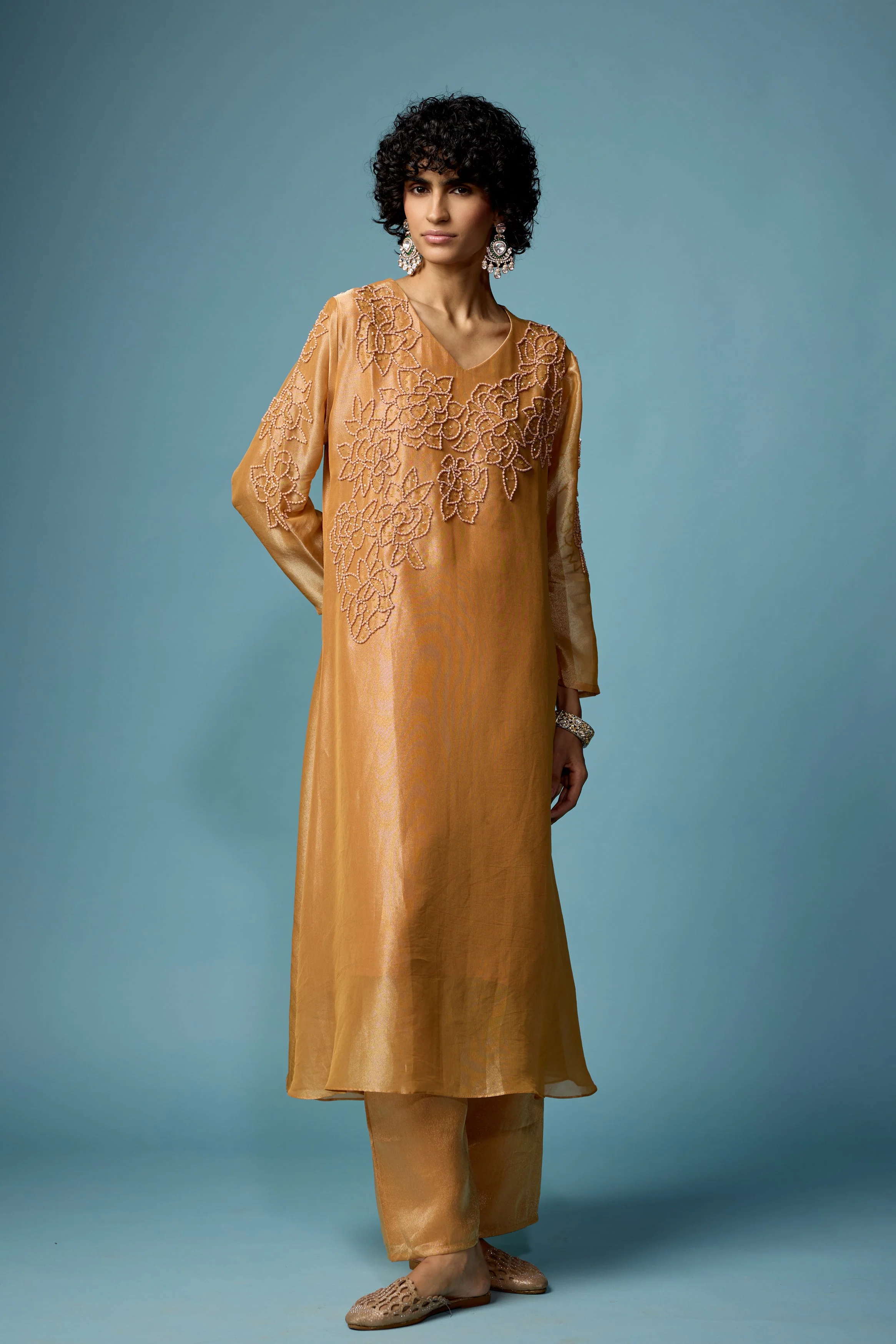 Rust Gold Embellished Shimmer Tissue Silk Kurta Set - Image 4
