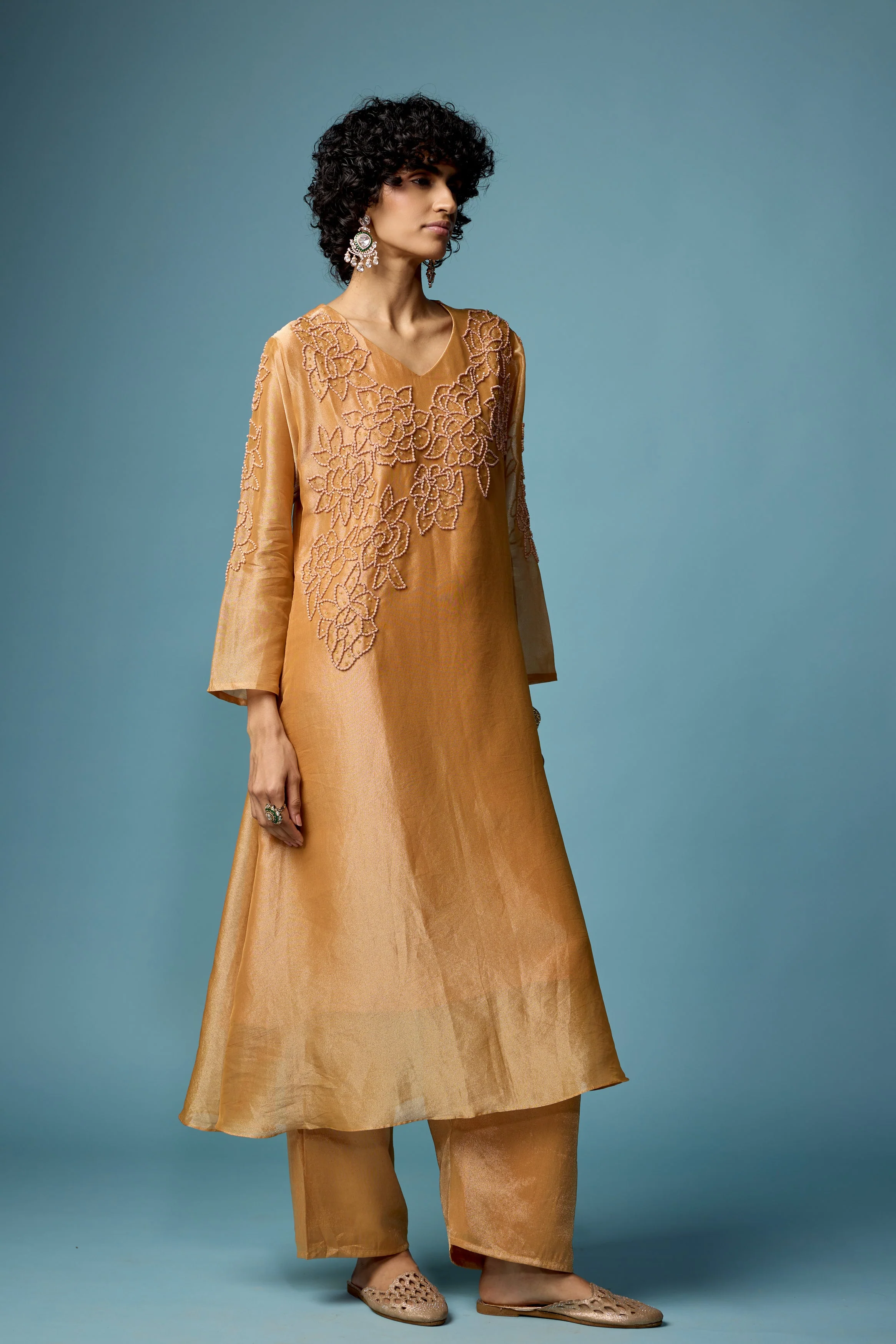 Rust Gold Embellished Shimmer Tissue Silk Kurta Set - Image 5