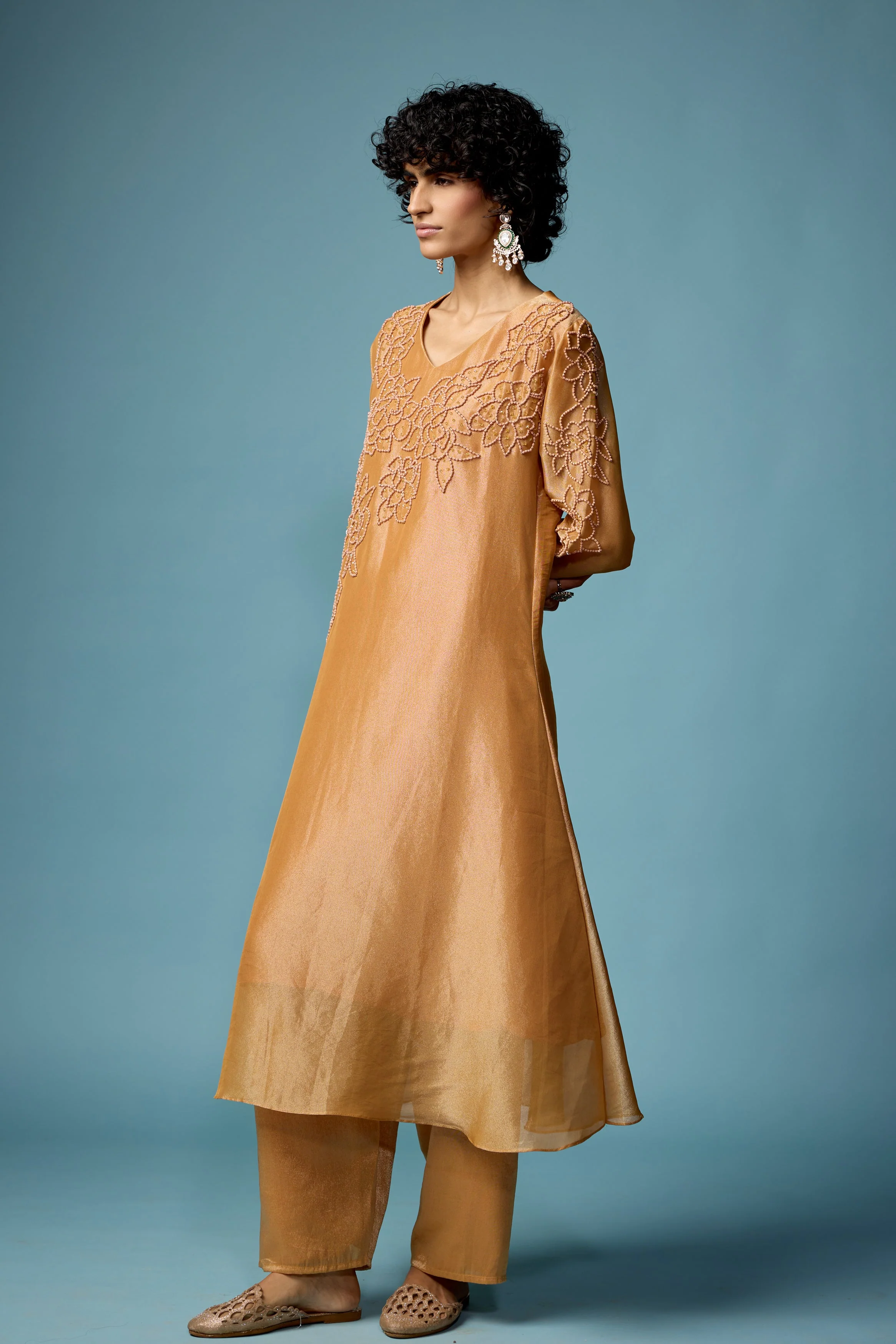 Rust Gold Embellished Shimmer Tissue Silk Kurta Set - Image 6
