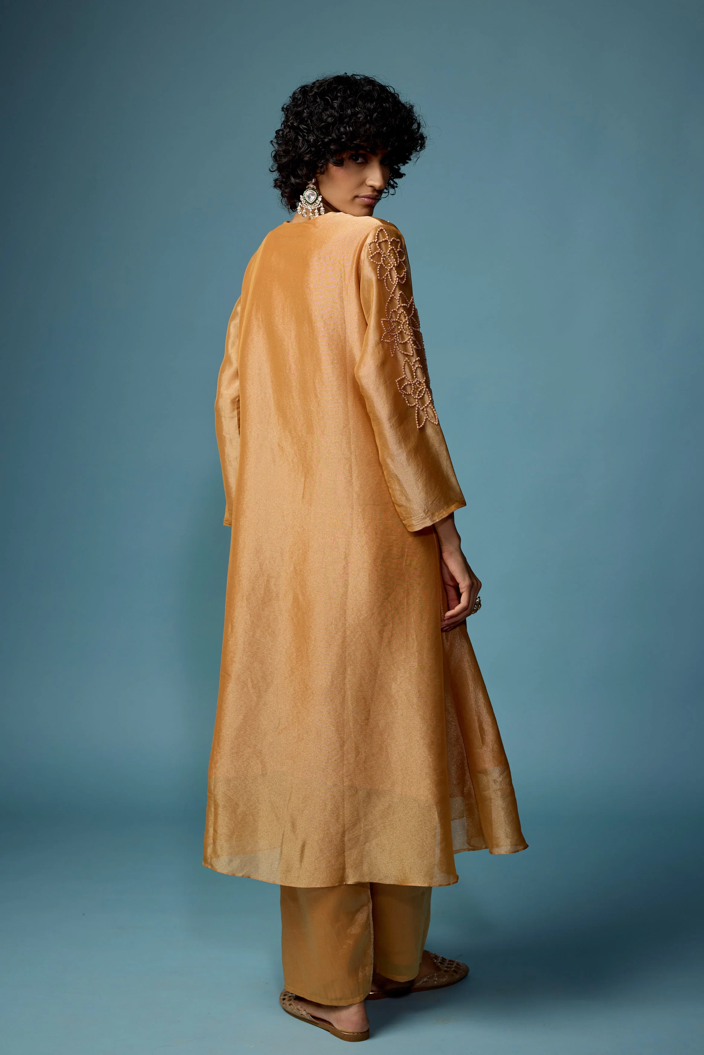 Rust Gold Embellished Shimmer Tissue Silk Kurta Set - Image 7
