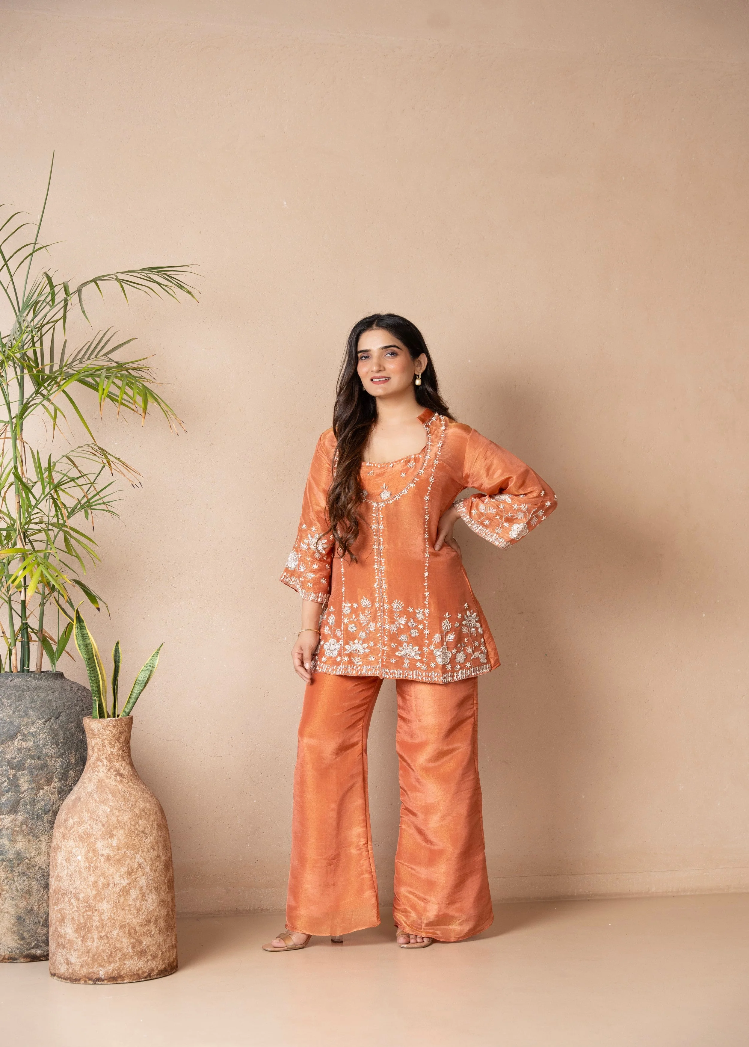 Tangerine Embellished Shimmer Tissue Silk Palazzo Set - Image 2