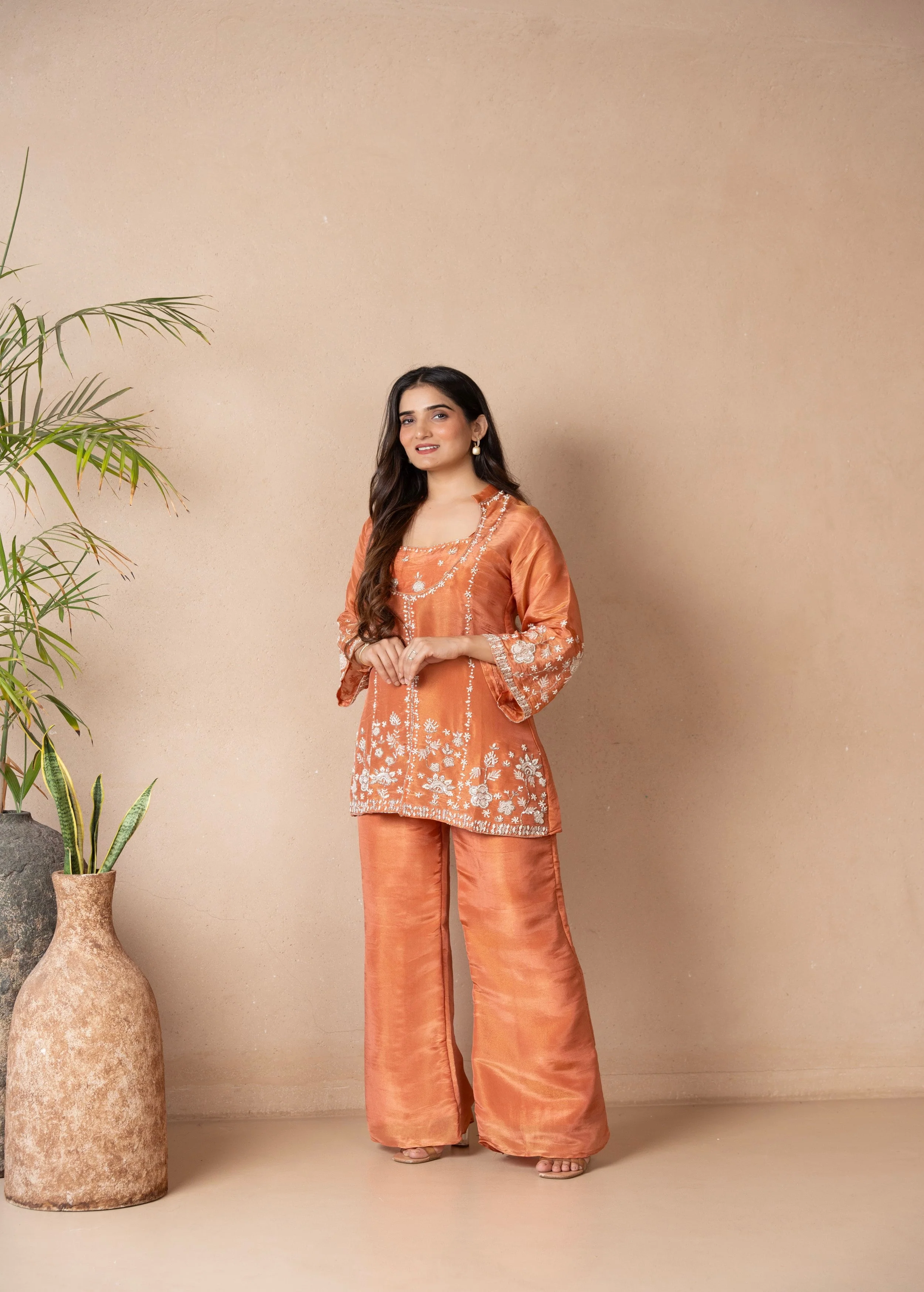 Tangerine Embellished Shimmer Tissue Silk Palazzo Set - Image 3