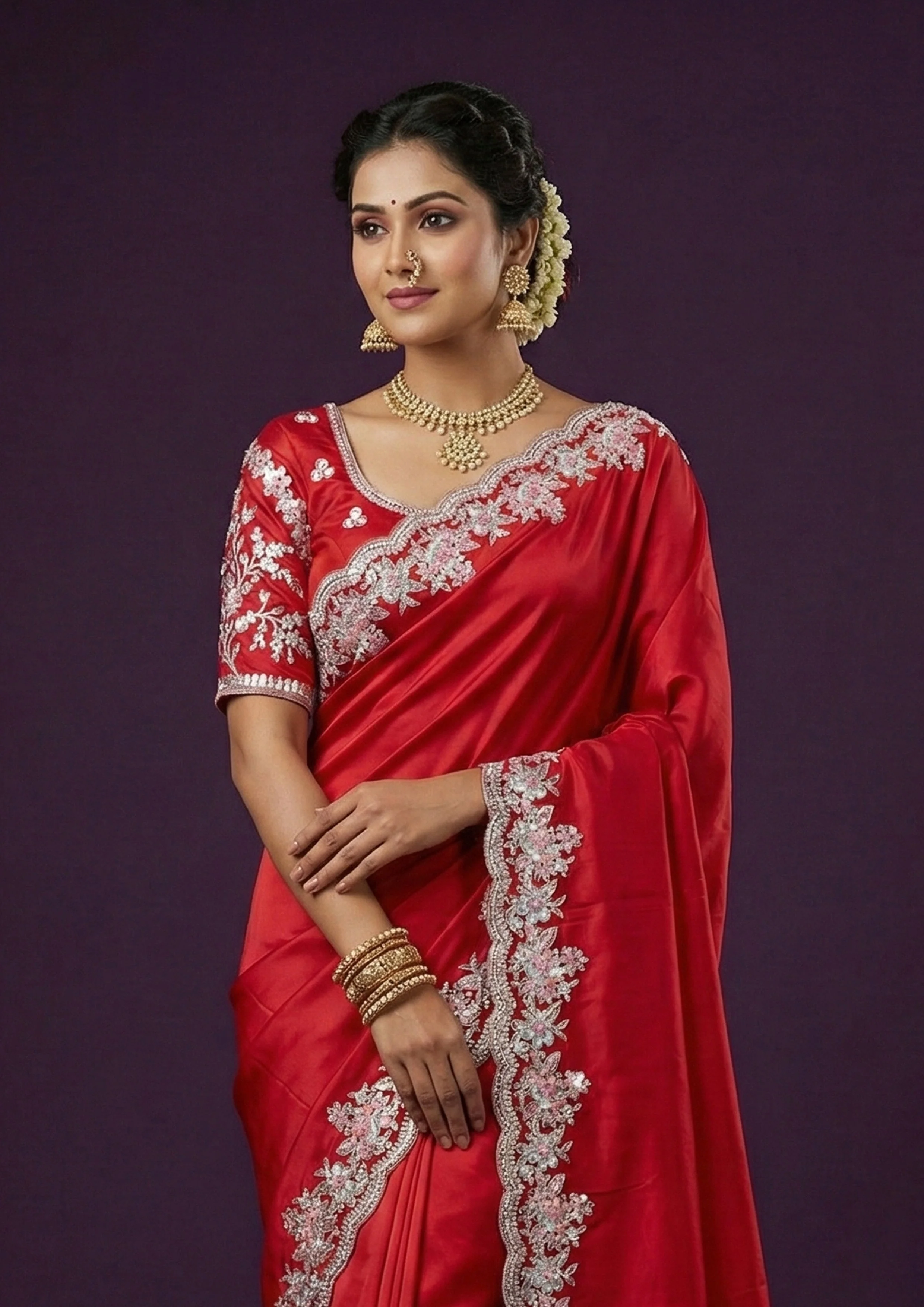 Chilli Red Embellished Soft Satin Tissue Silk Saree - Image 2