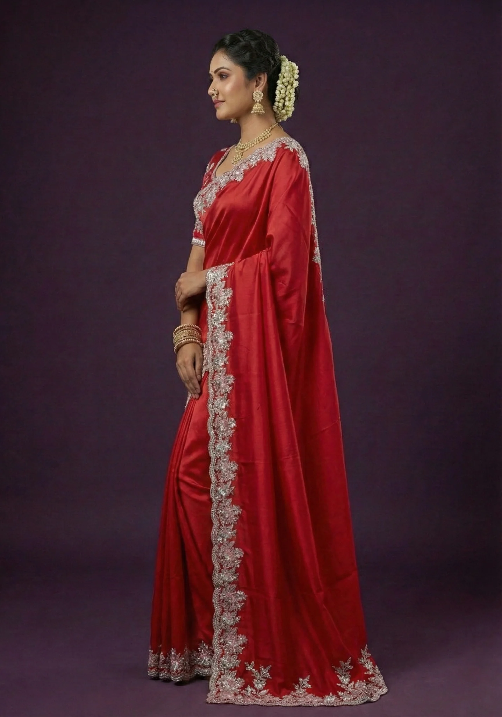 Chilli Red Embellished Soft Satin Tissue Silk Saree - Image 3