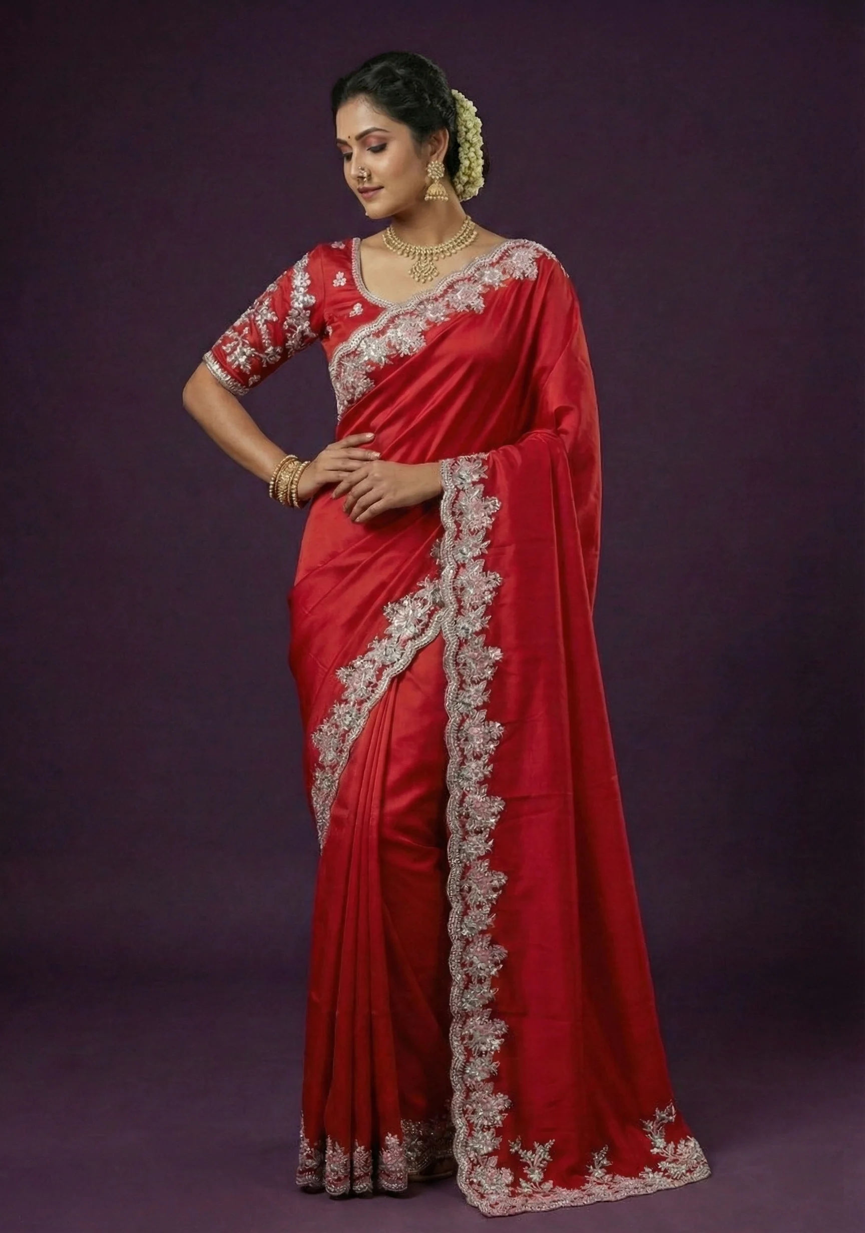 Chilli Red Embellished Soft Satin Tissue Silk Saree - Image 4