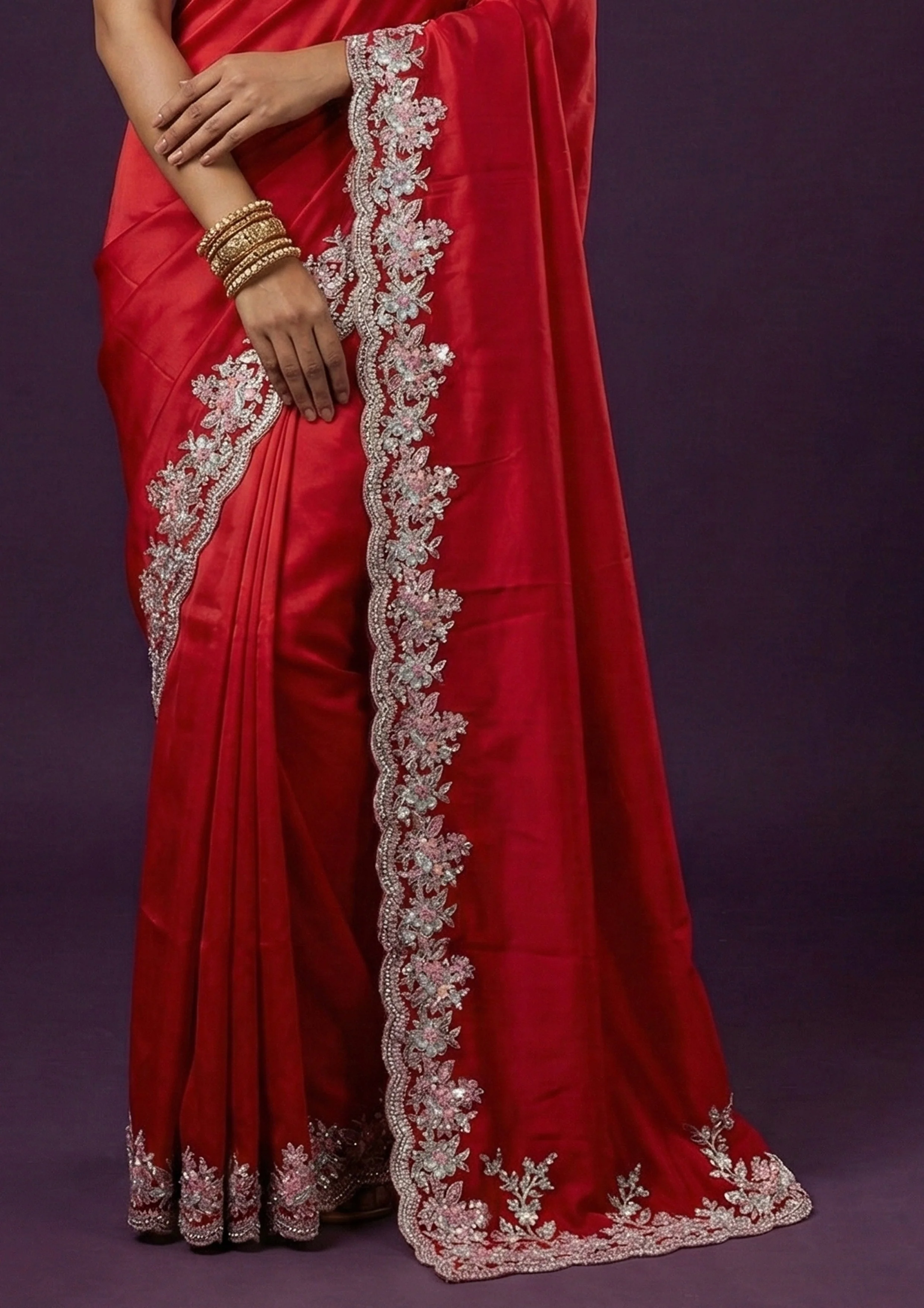 Chilli Red Embellished Soft Satin Tissue Silk Saree - Image 5