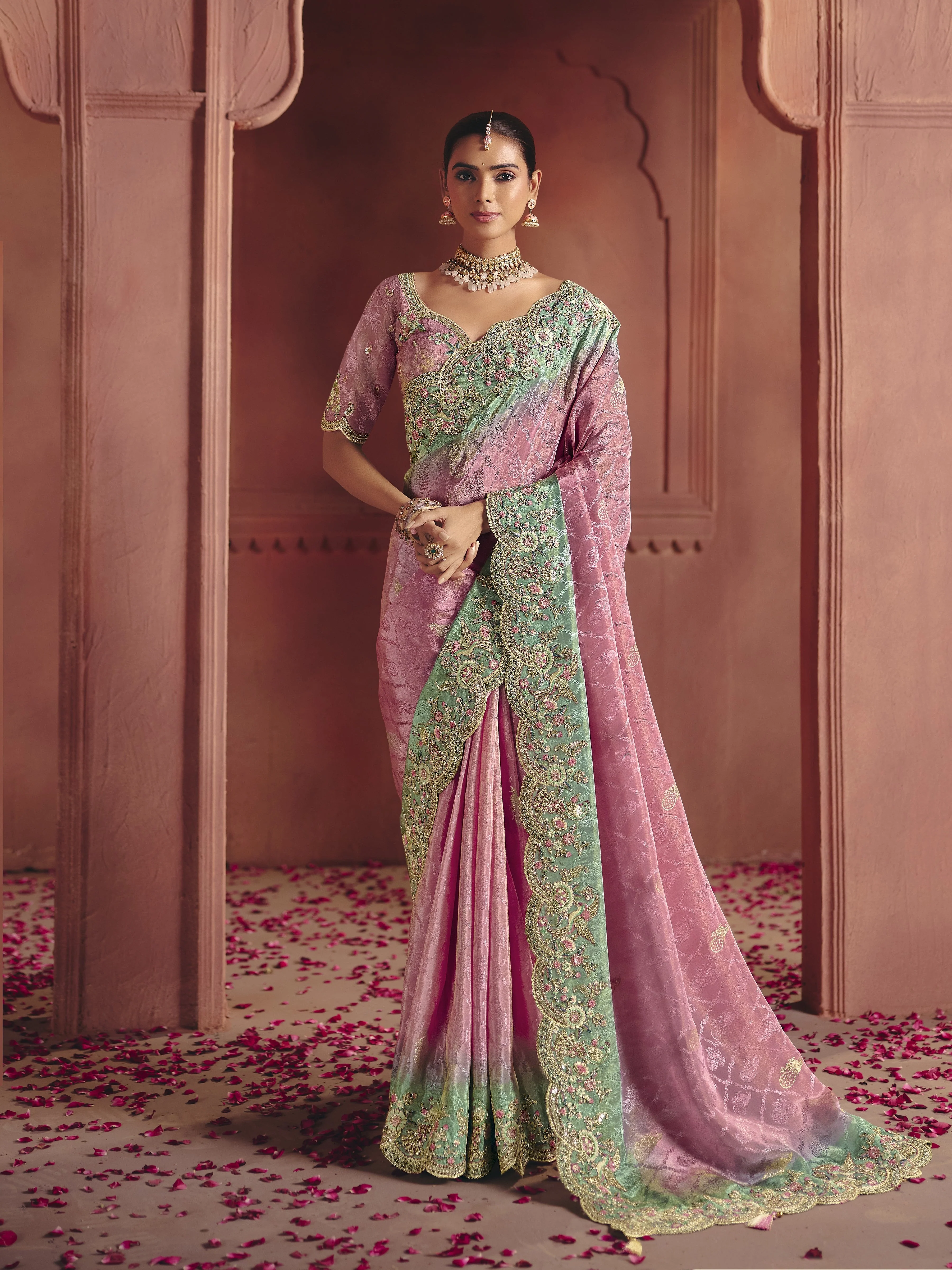 Pink Paradise Embellished Shimmer Tissue Silk Saree
