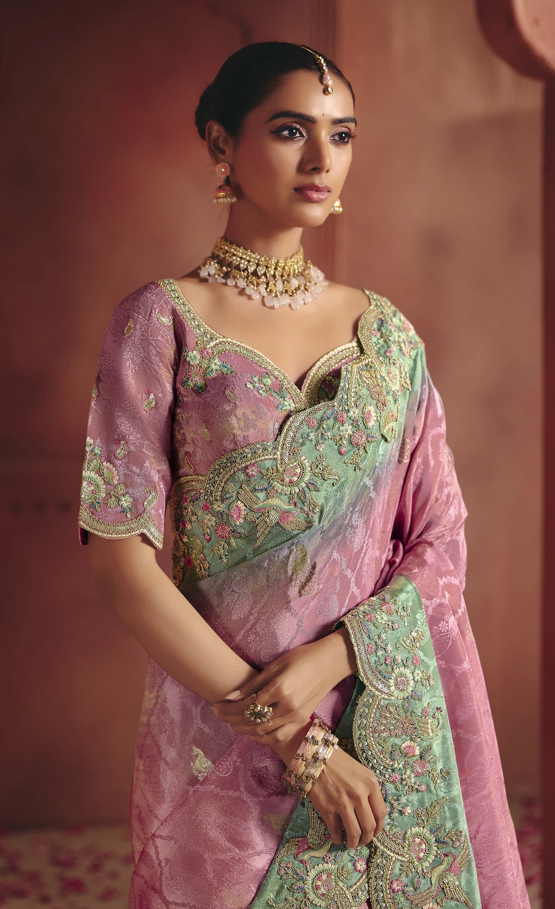Pink Paradise Embellished Shimmer Tissue Silk Saree - Image 2