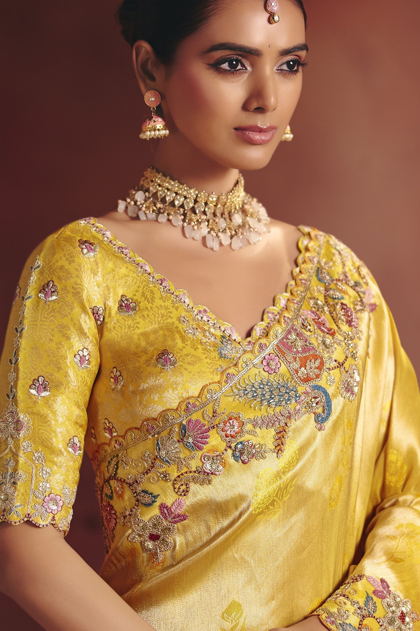 Golden Peacock Embellished Shimmer Tissue Silk Saree - Image 2