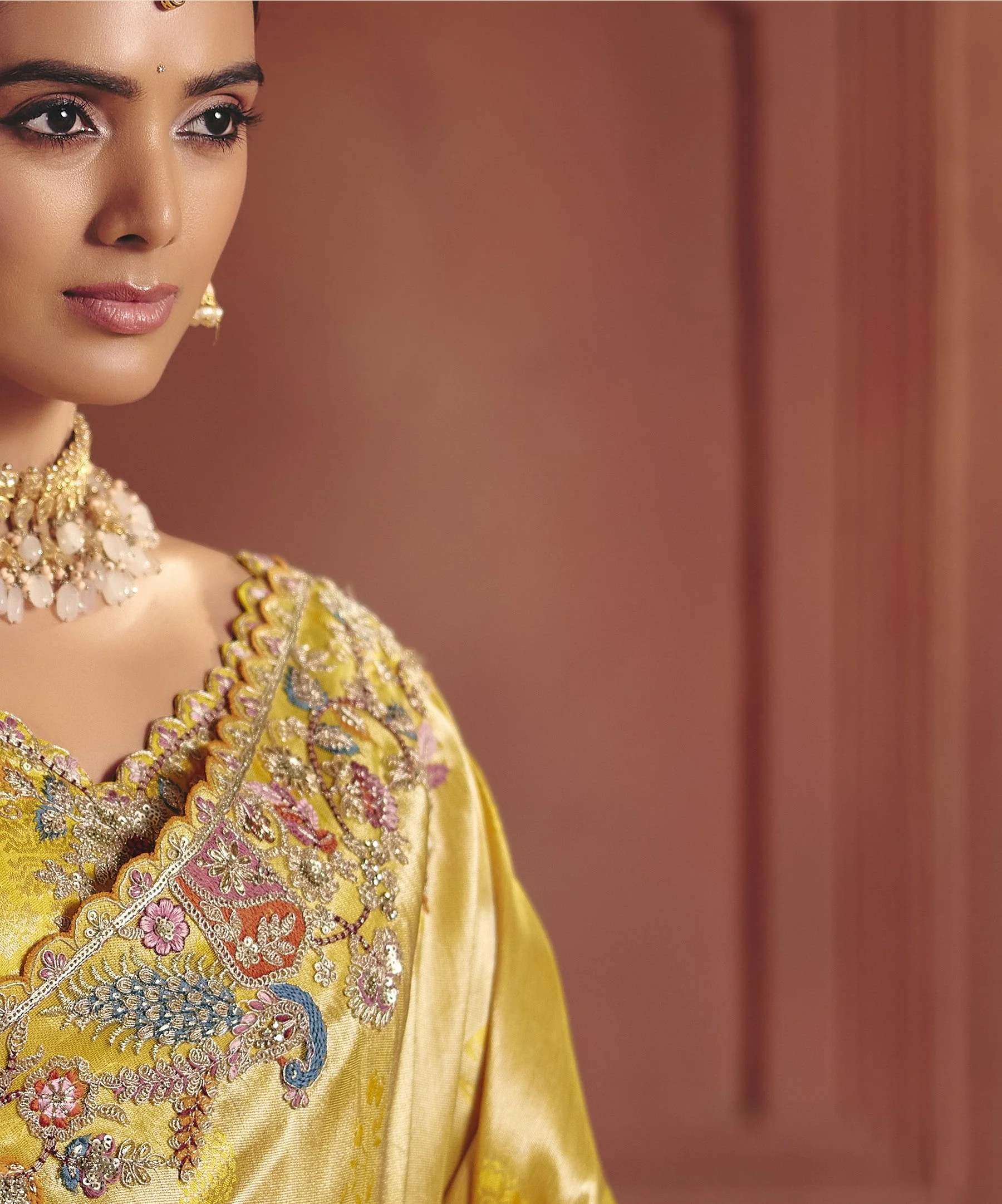 Golden Peacock Embellished Shimmer Tissue Silk Saree - Image 3