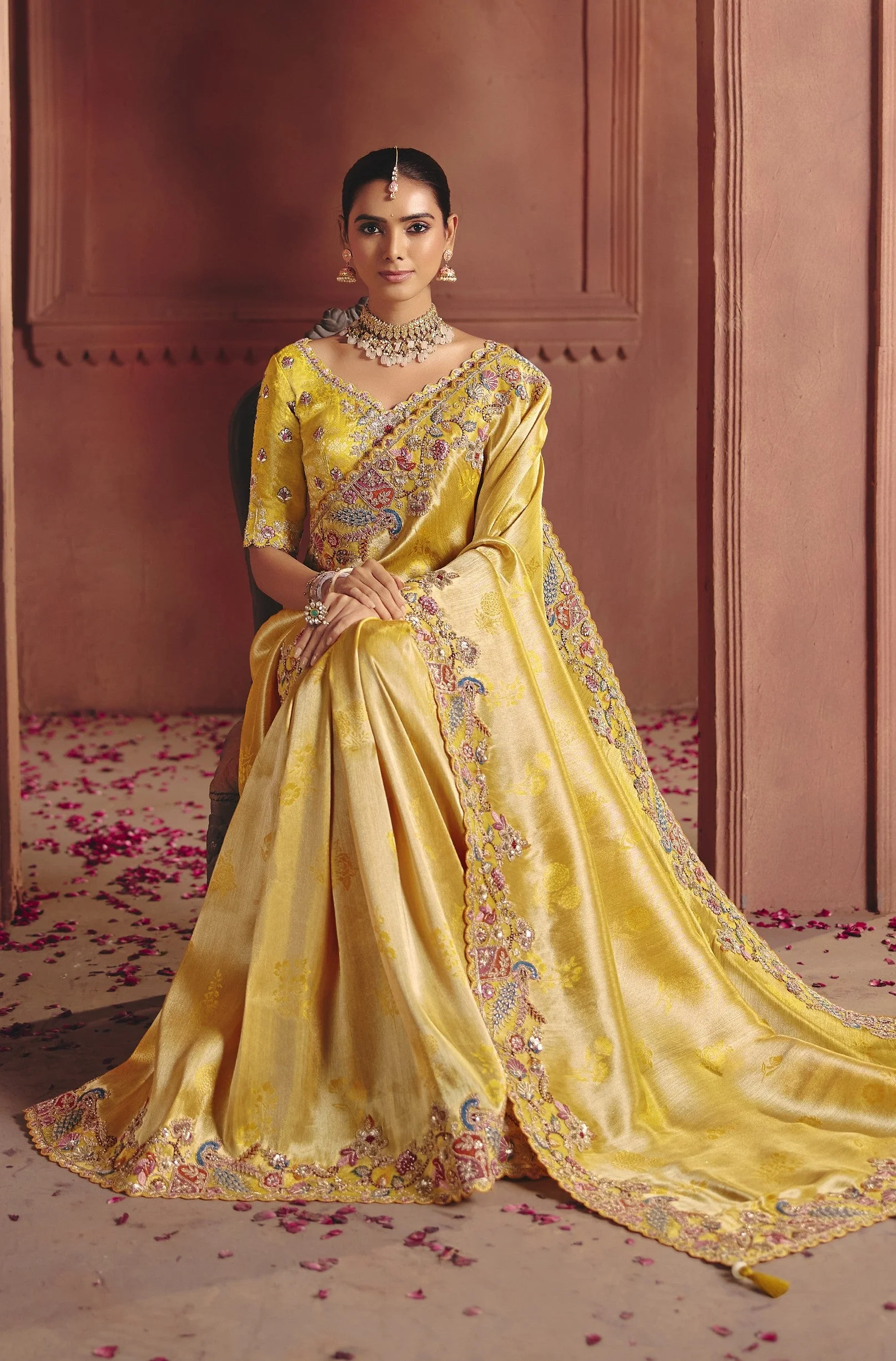 Golden Peacock Embellished Shimmer Tissue Silk Saree - Image 4