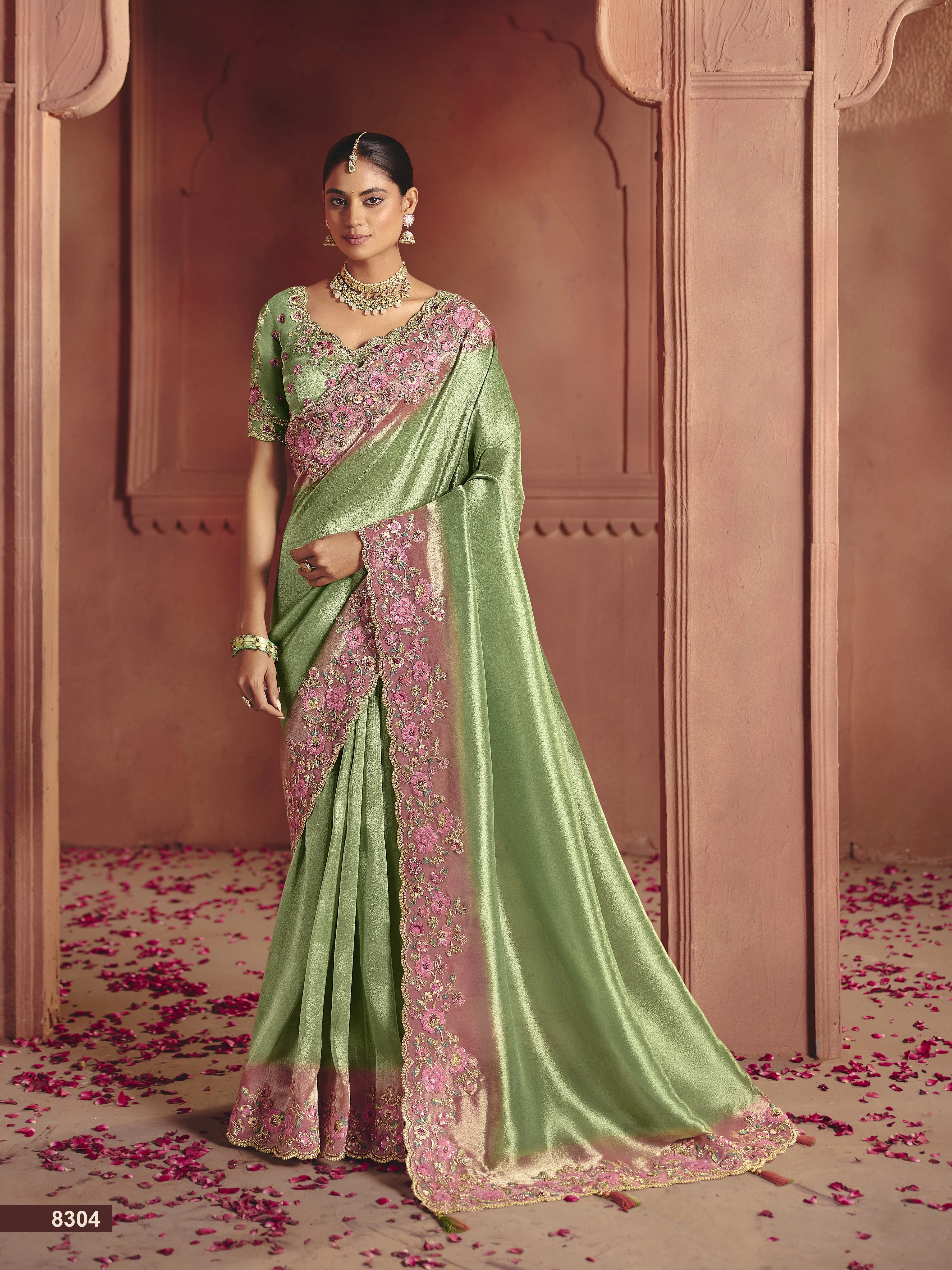 Green flora Embellished Shimmer Tissue Silk Saree