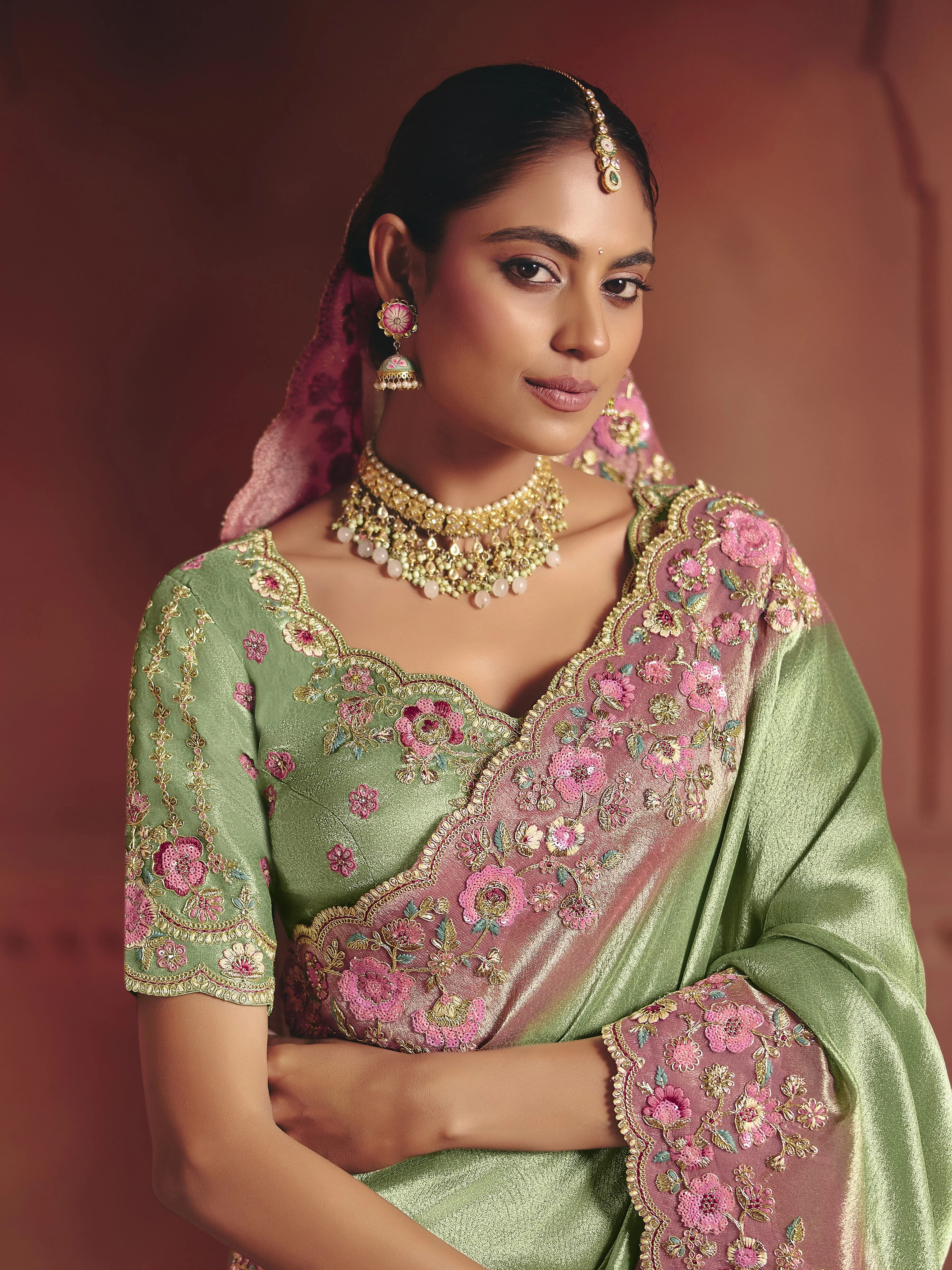 Green flora Embellished Shimmer Tissue Silk Saree - Image 2