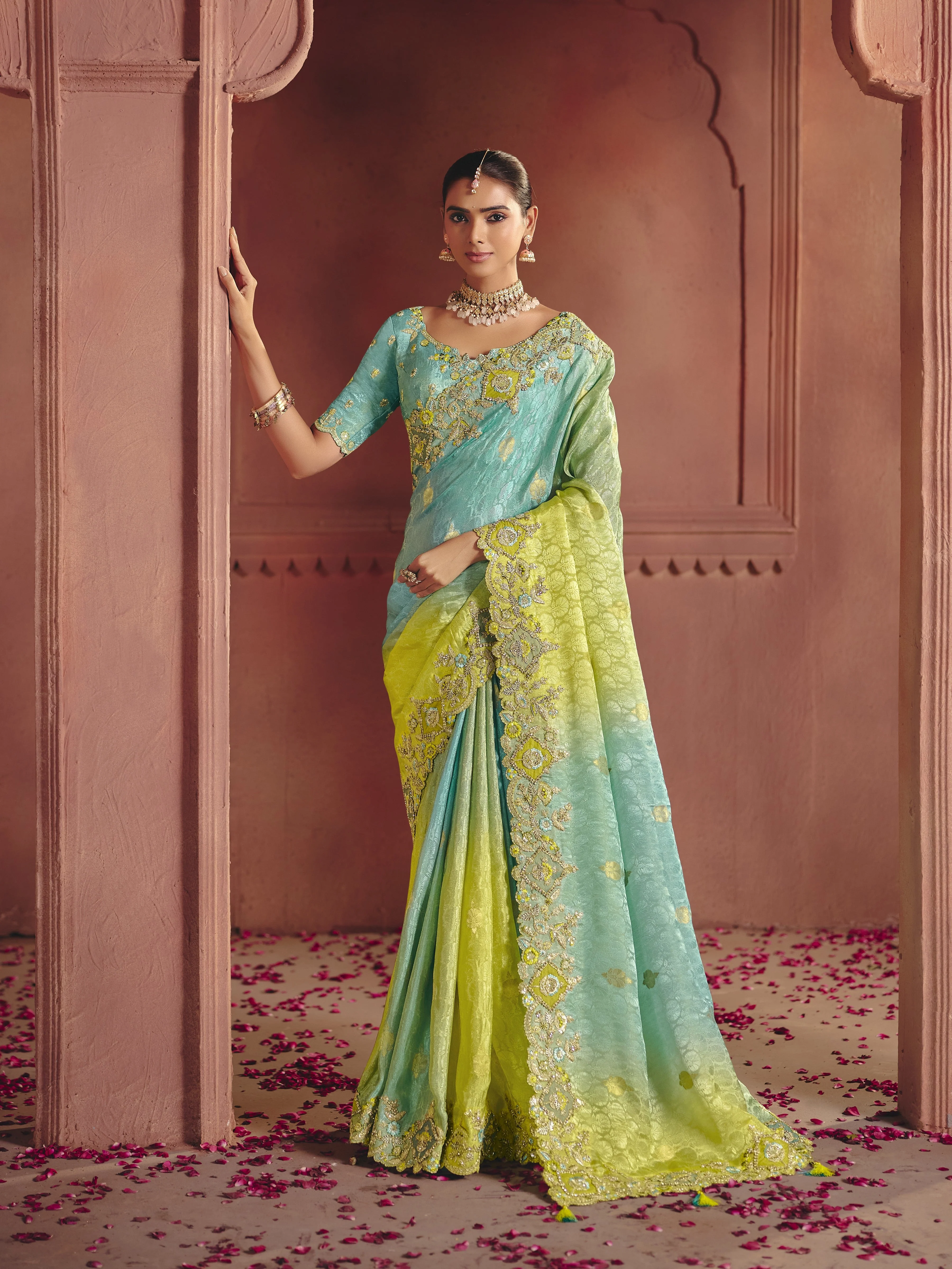 Pastel Ombre Embellished Shimmer Tissue Silk Saree