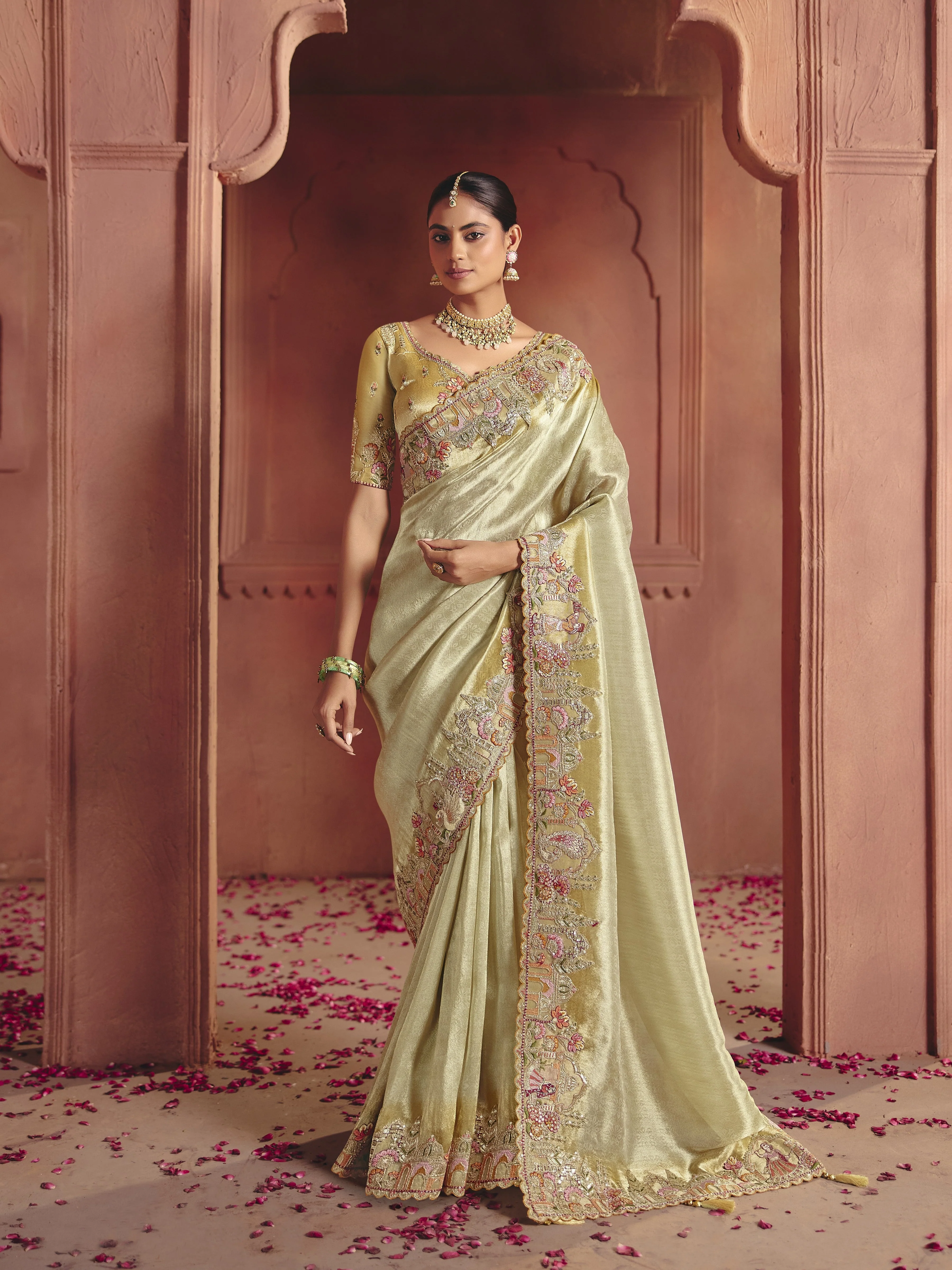 Ivory Gold Embellished Shimmer Tissue Silk Saree