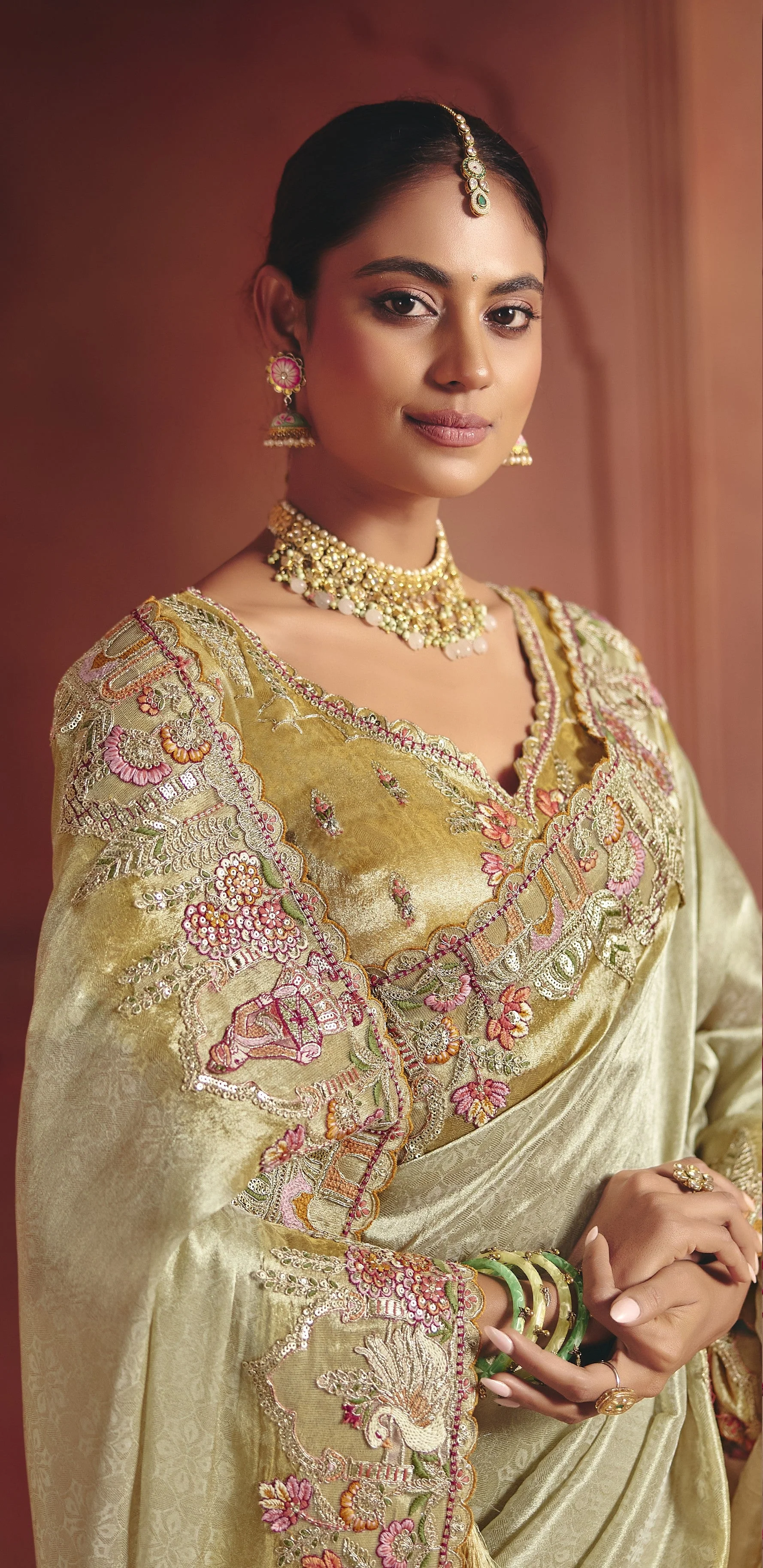 Ivory Gold Embellished Shimmer Tissue Silk Saree - Image 2
