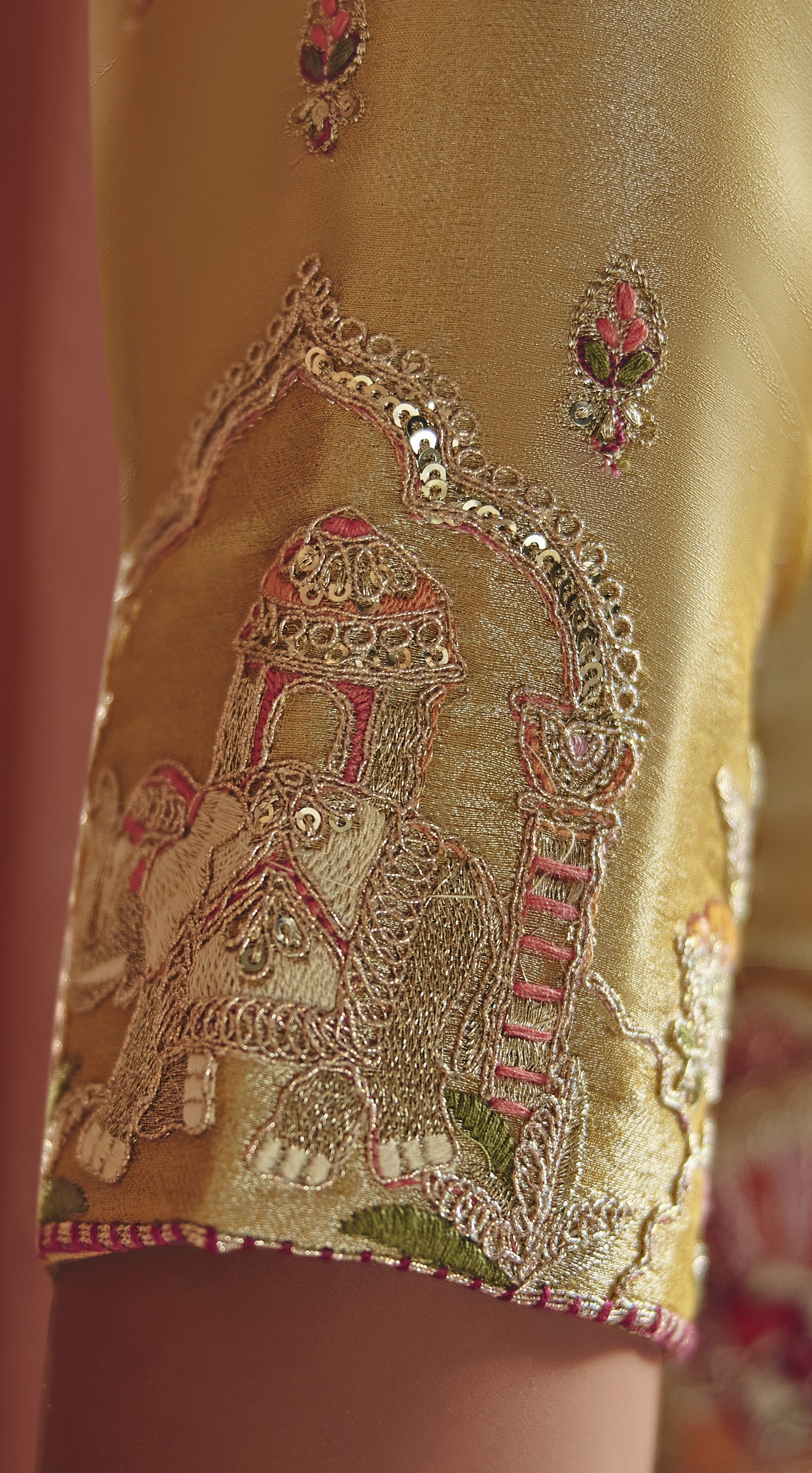 Ivory Gold Embellished Shimmer Tissue Silk Saree - Image 3