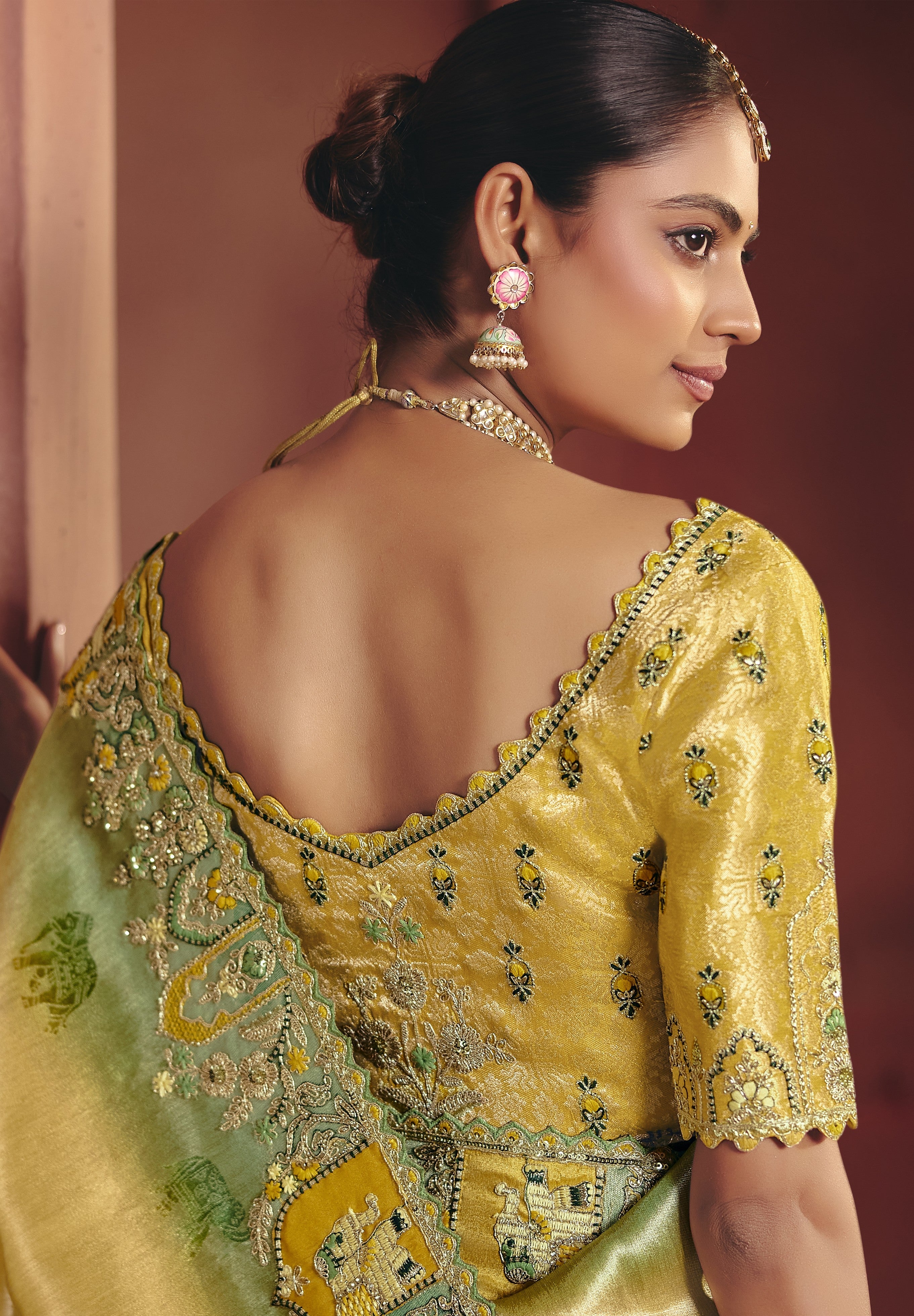 Golden Heritage Embellished Shimmer Tissue Silk Saree - Image 2
