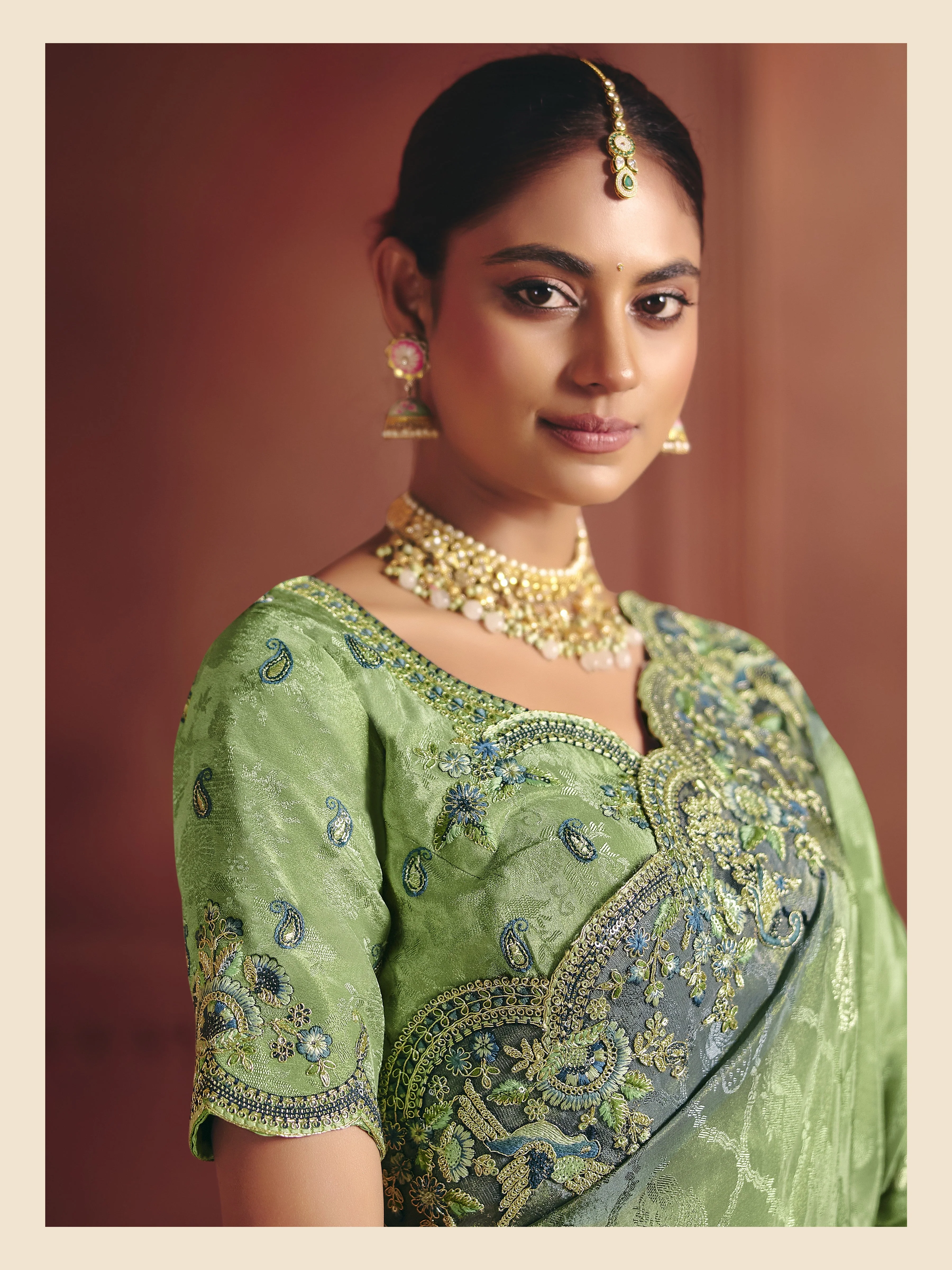 Azure Green Embellished Shimmer Tissue Silk Saree - Image 2
