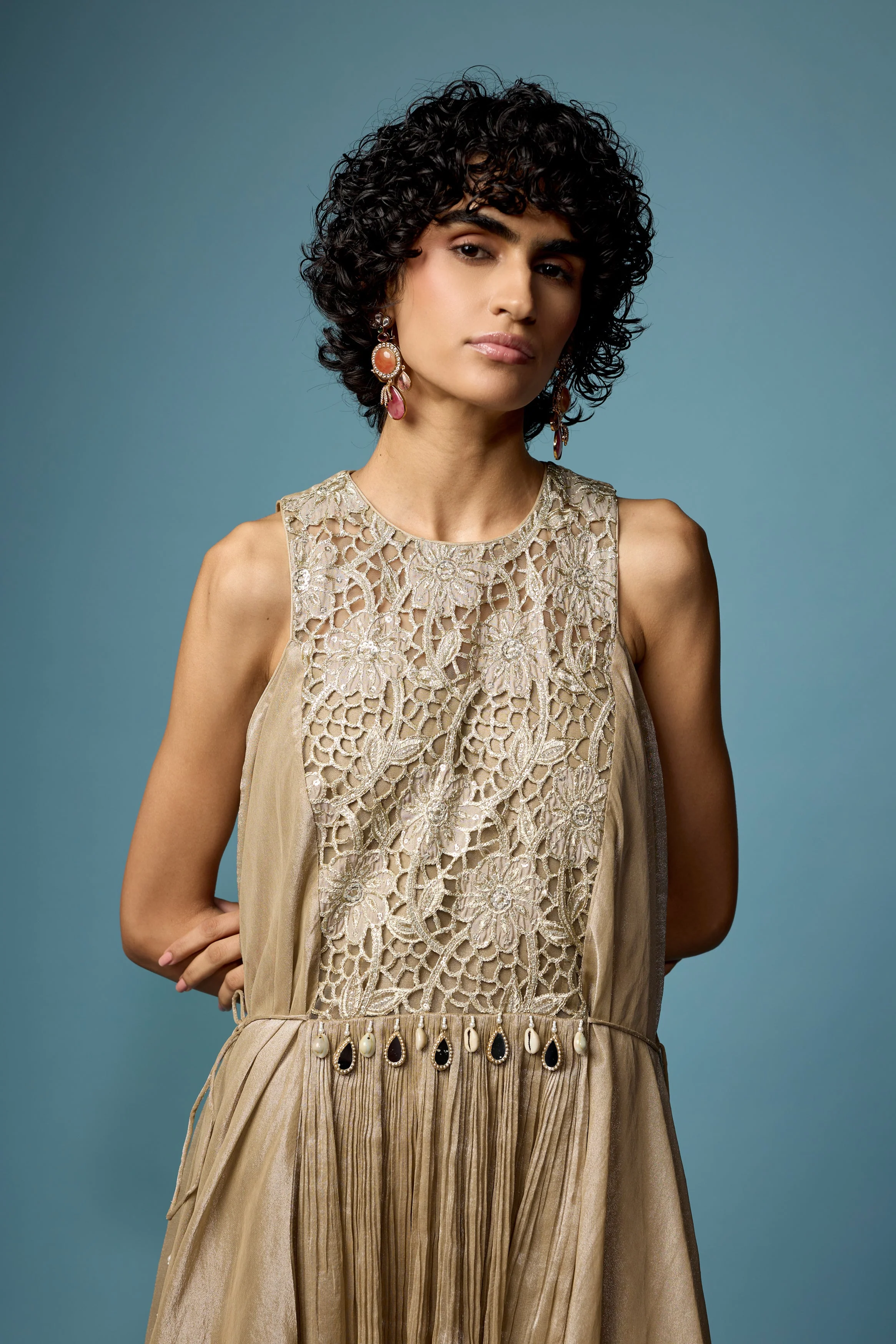 Champagne Beige Embellished Organza Silk Sharara Set - Image 3