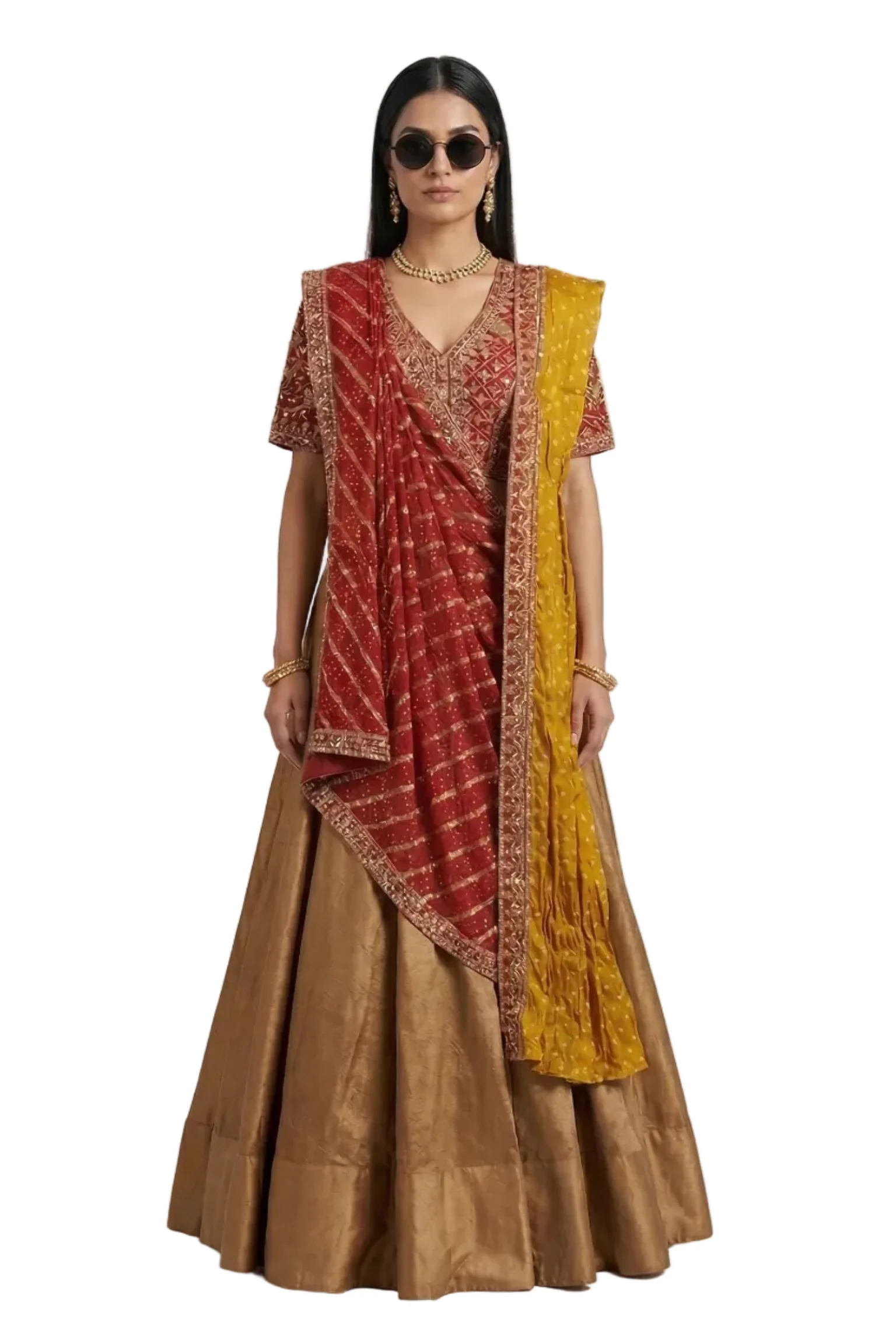 Antique Gold Embellished Premium Silk Lehenga Set