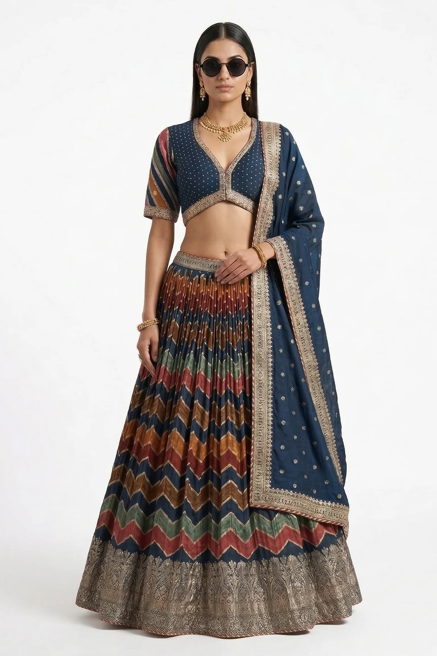 Navy Blue Embellished Crushed Tissue Silk Lehenga Set