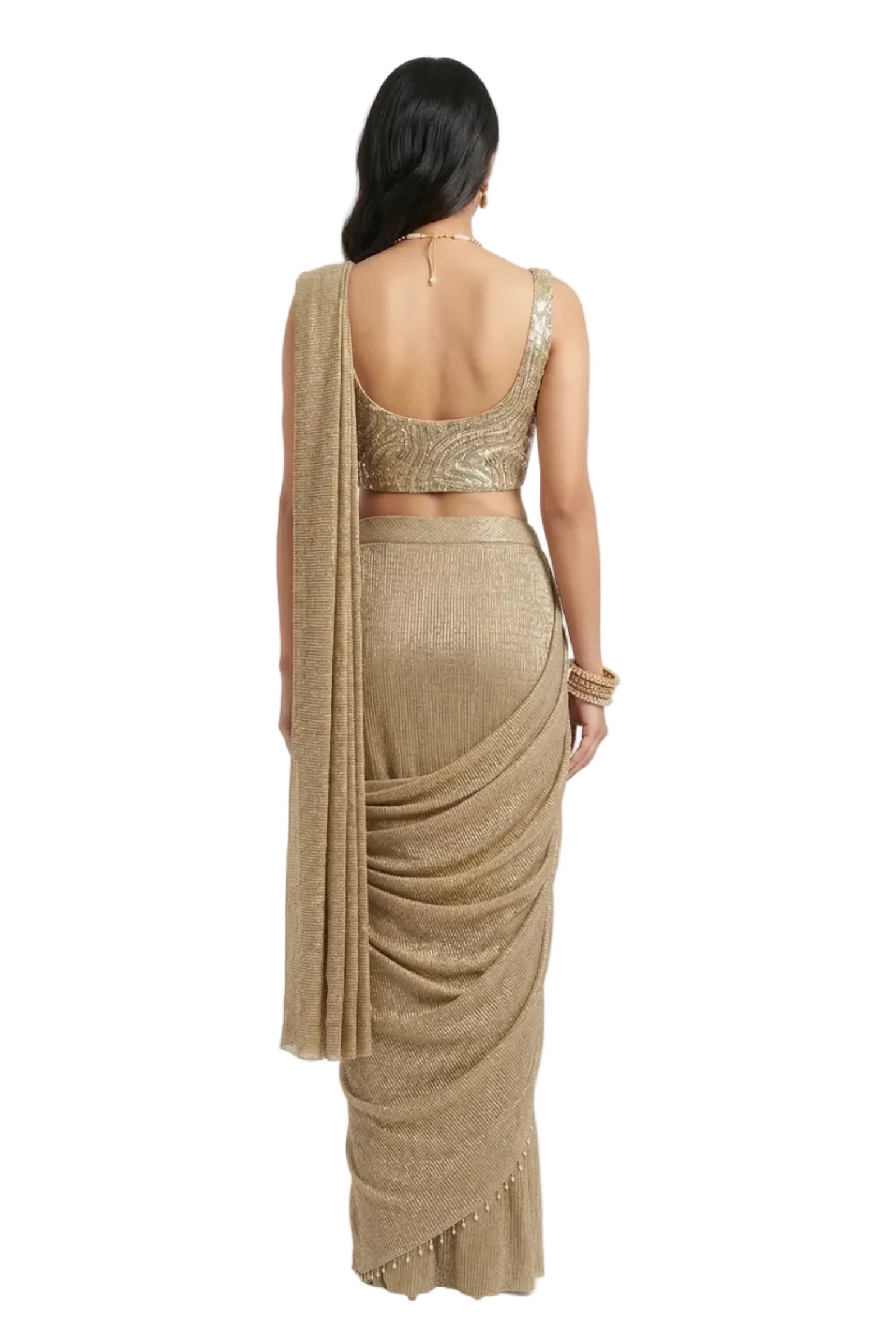 Golden Shimmer Embellished Lycra Silk Draped Saree - Image 2