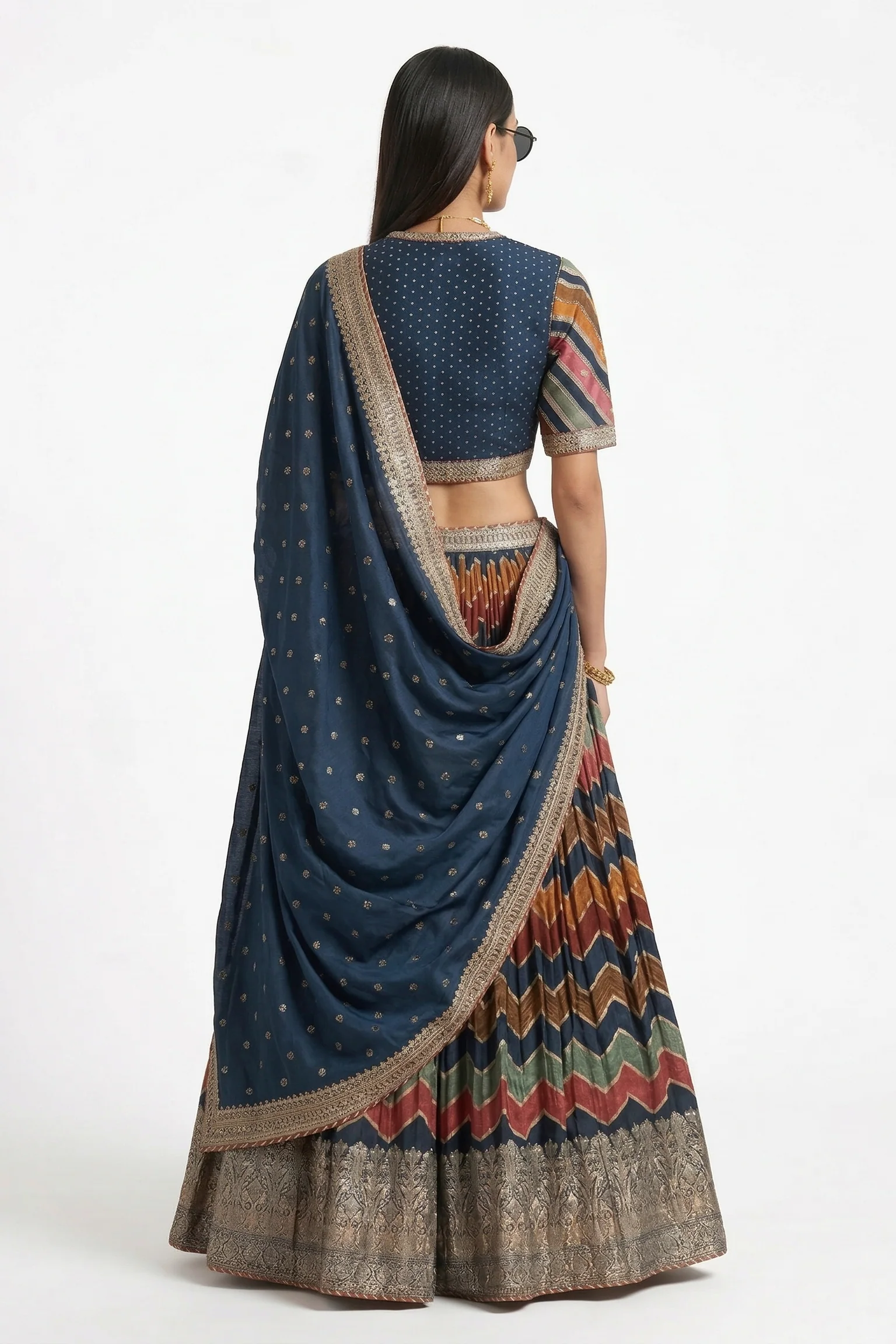 Navy Blue Embellished Crushed Tissue Silk Lehenga Set - Image 2