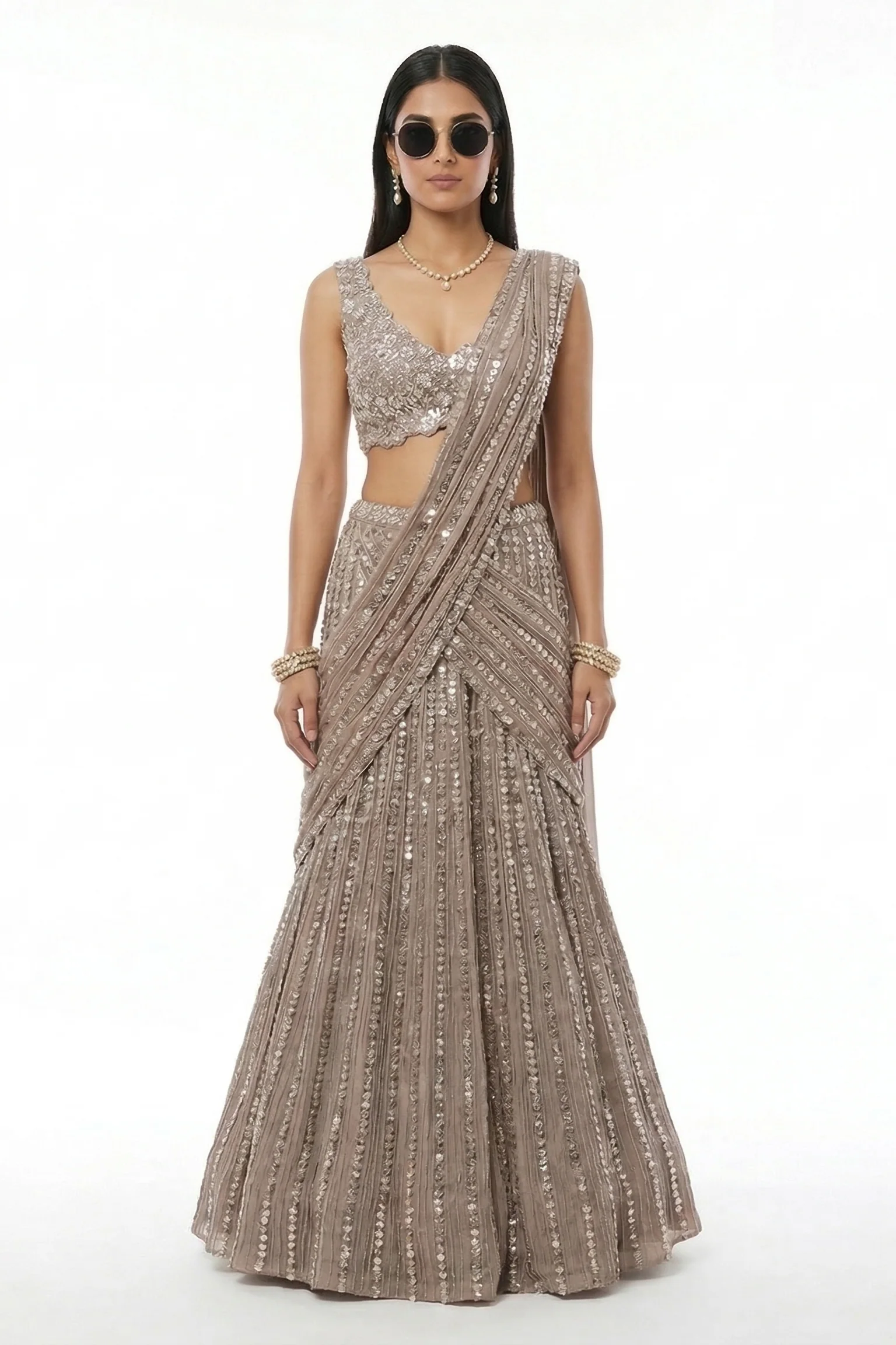 Grey Blossom Embellished Chinon Silk Lehenga Set
