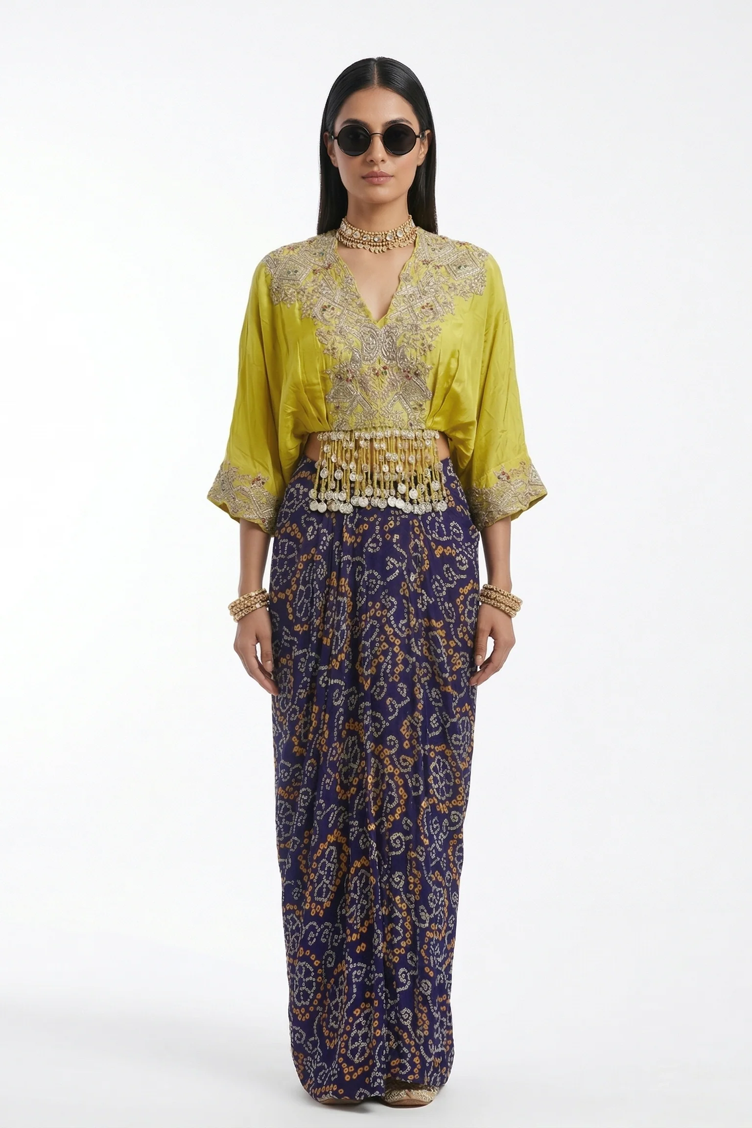 Lime Yellow Embellished Bandhani Draped Skirt Set