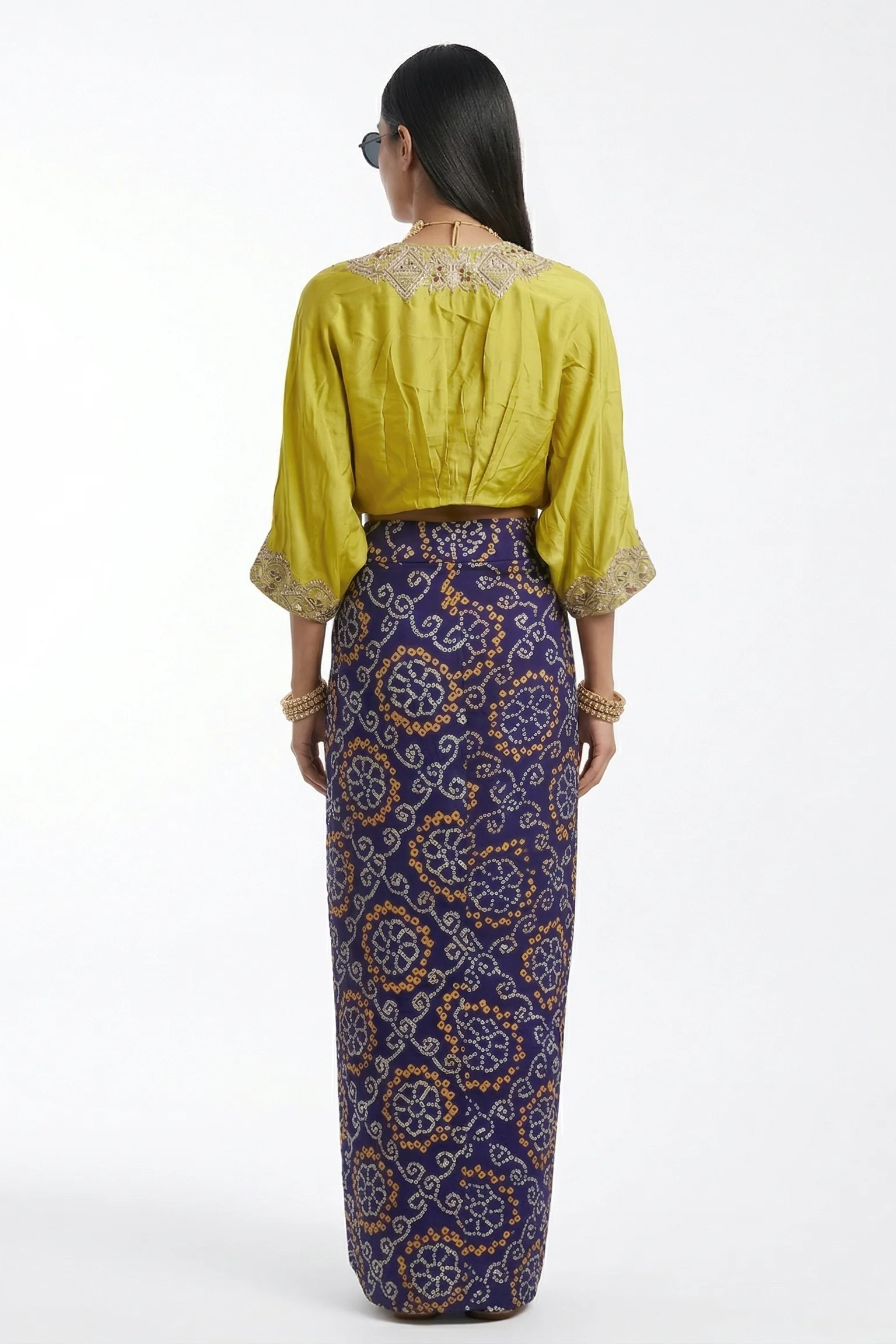 Lime Yellow Embellished Bandhani Draped Skirt Set - Image 2