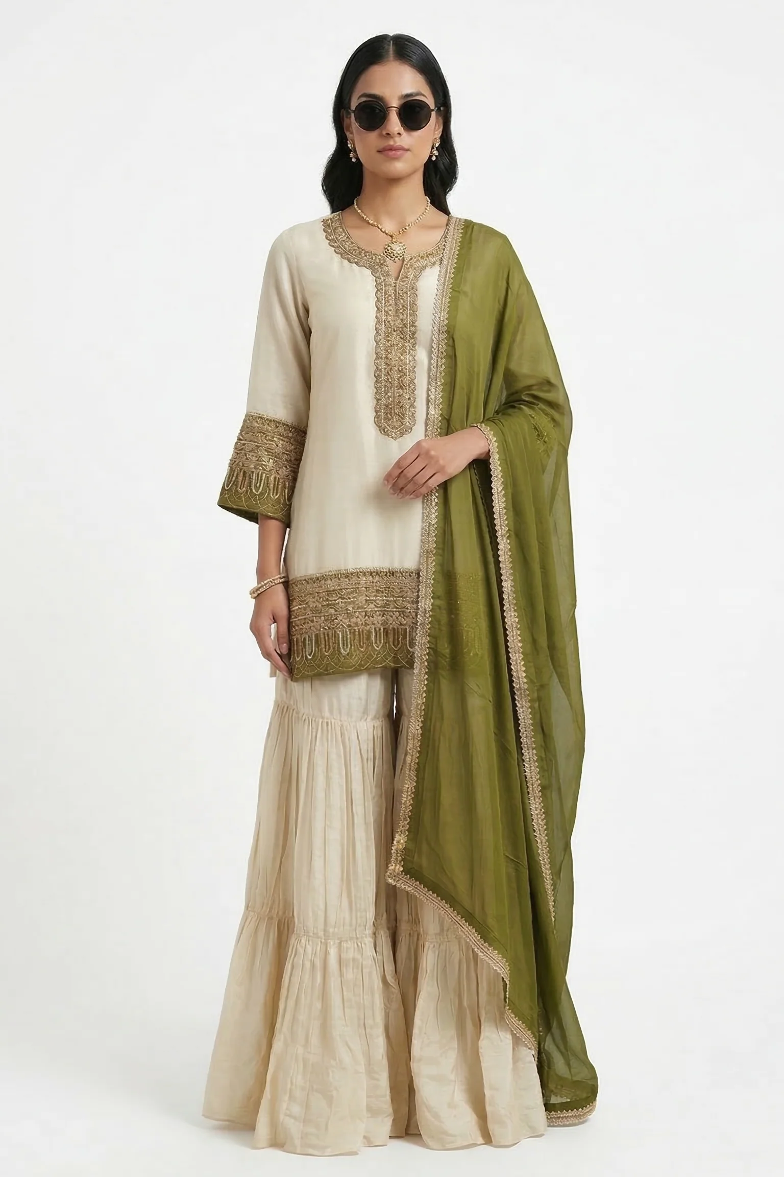 Ivory Moss Embellished Shimmer Tissue Silk Sharara Set