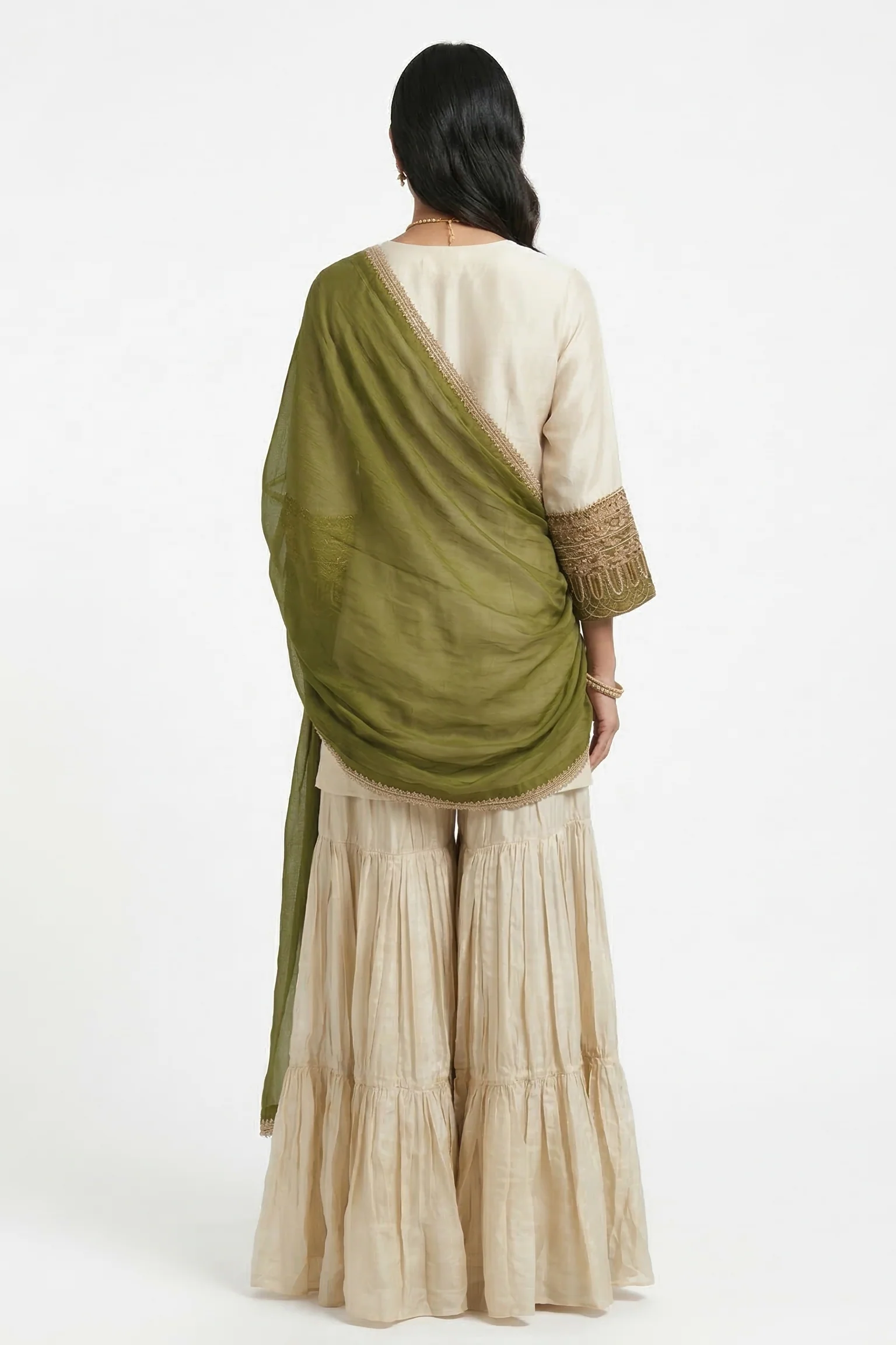 Ivory Moss Embellished Shimmer Tissue Silk Sharara Set - Image 2