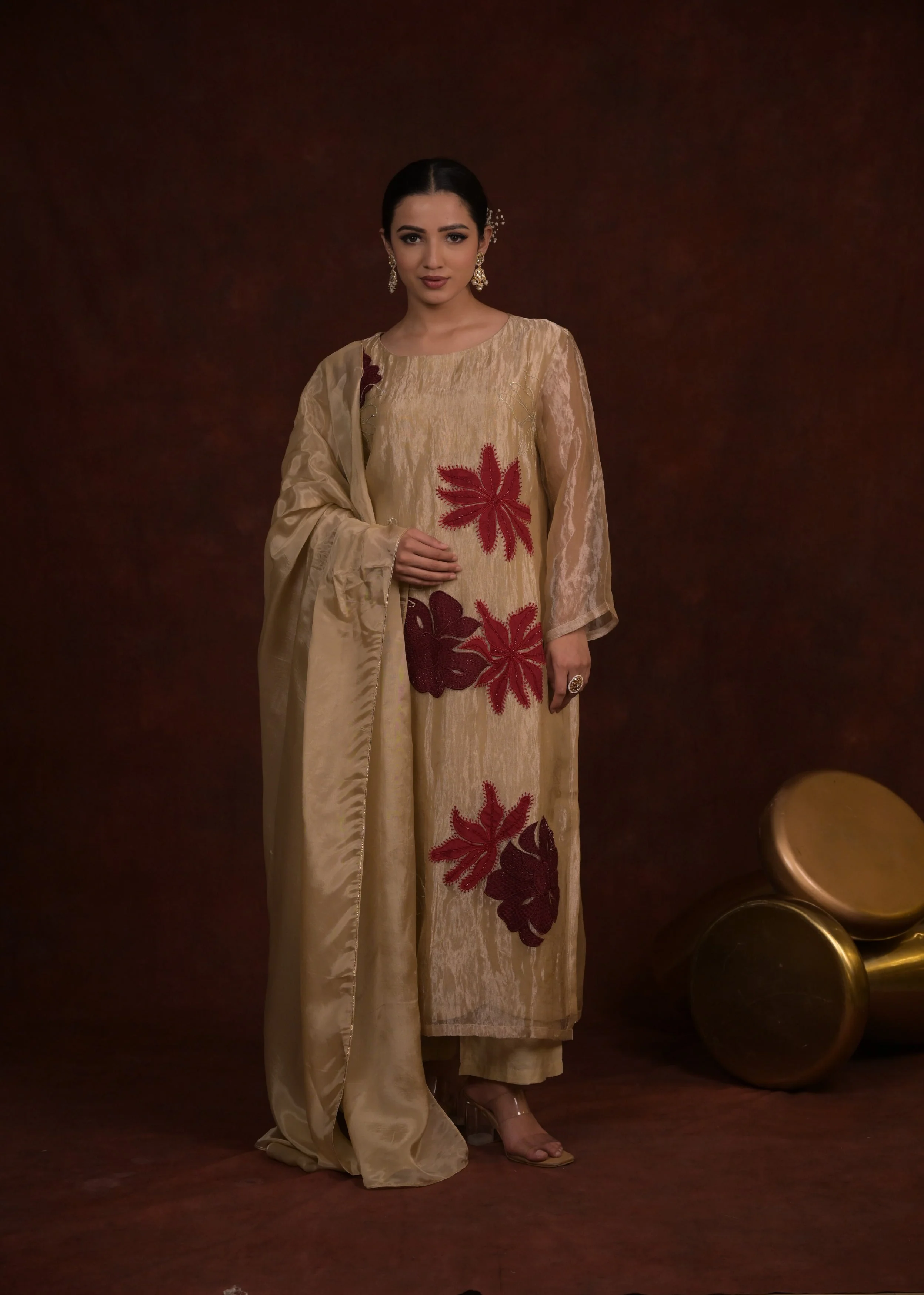 Champagne Flora Embellished Silk Pant Set