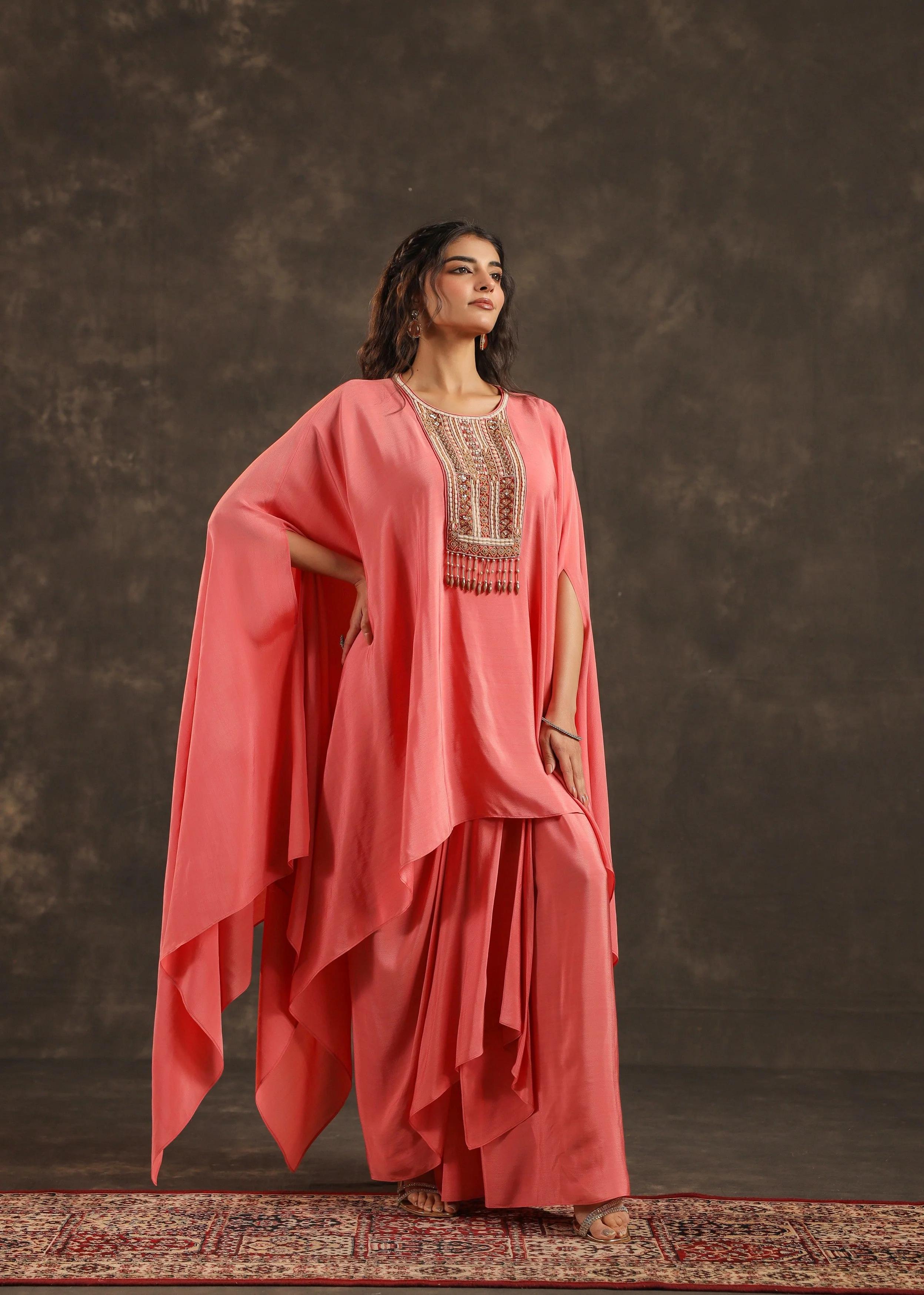 Blush Embellished Crepe Silk Kaftan Set - Image 3