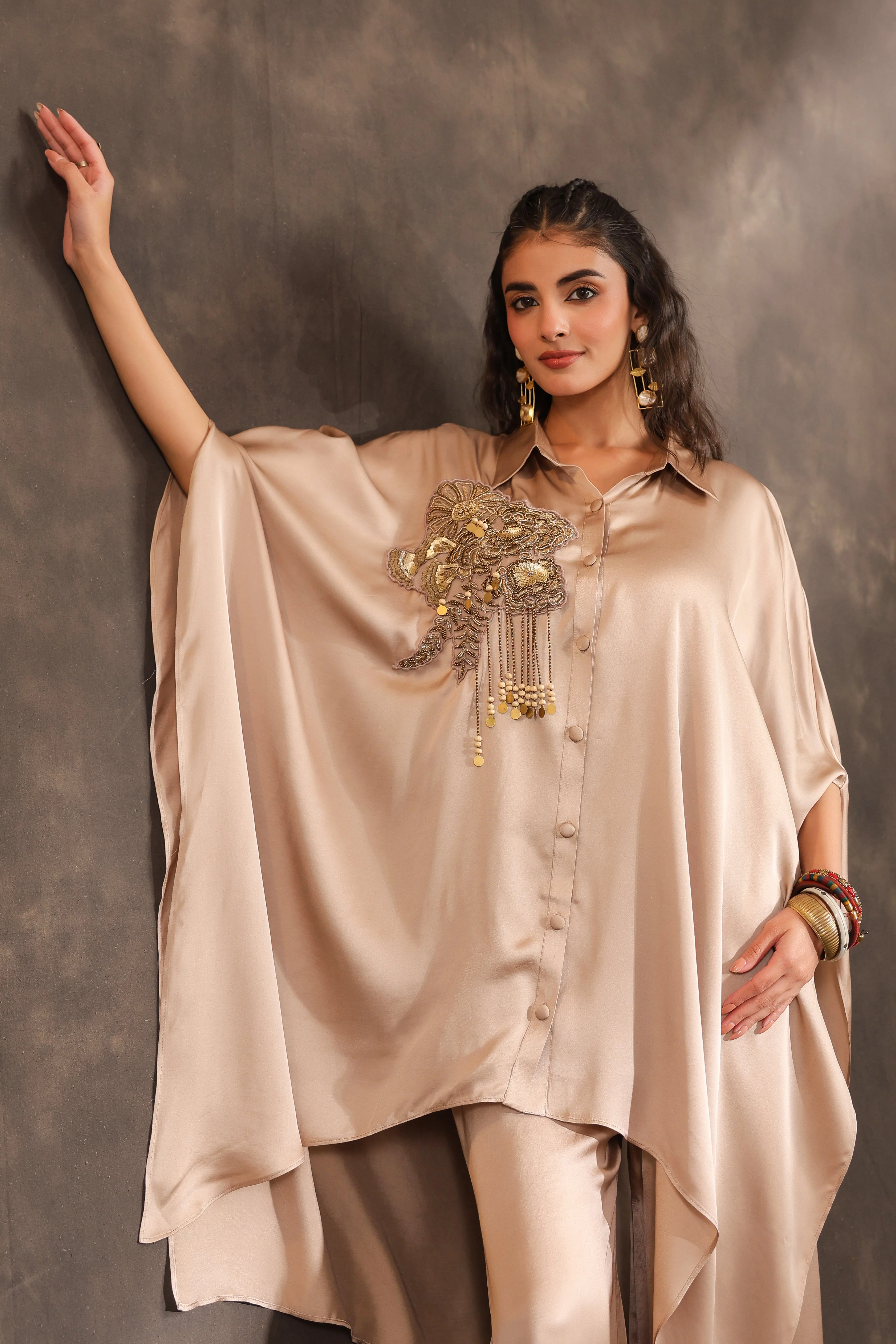 Metallic Beige Embellished Modal Satin Silk Co-Ord Set - Image 2